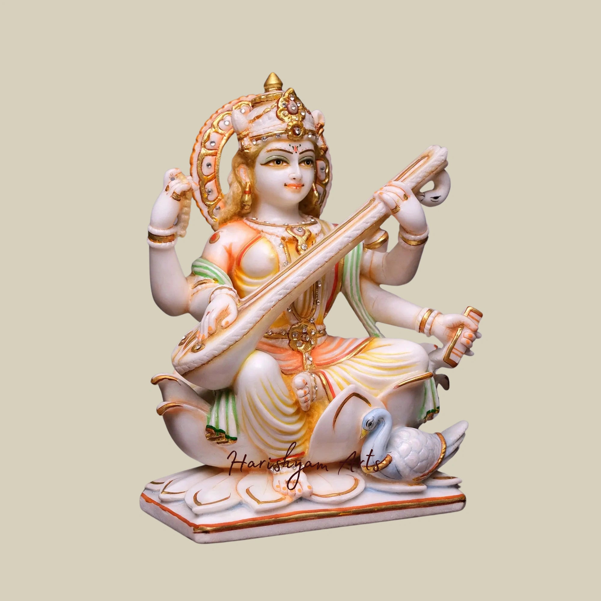 12" Handcrafted Devi Saraswati Marble Statue With Exquisite Detailing2