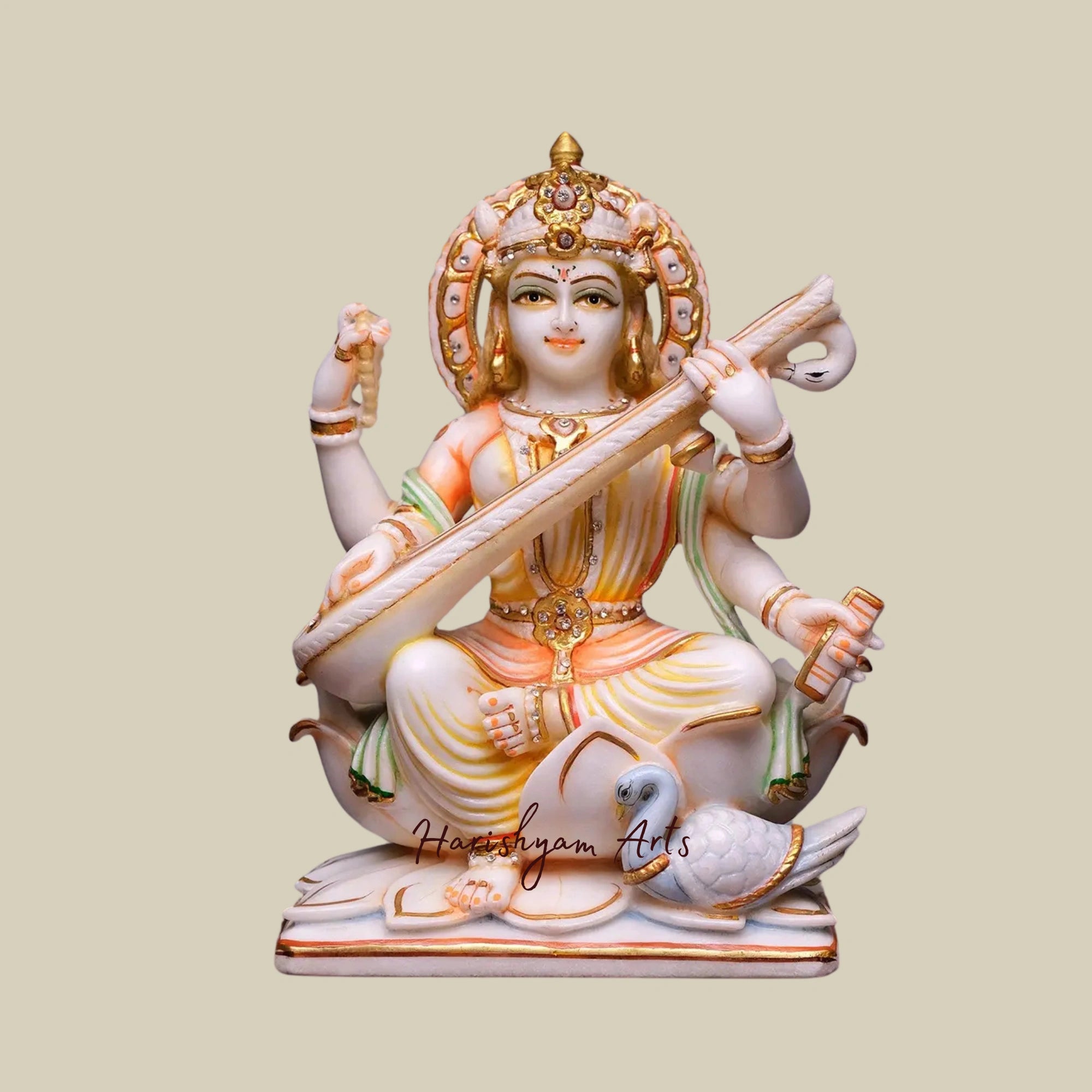 12" Handcrafted Devi Saraswati Marble Statue With Exquisite Detailing3