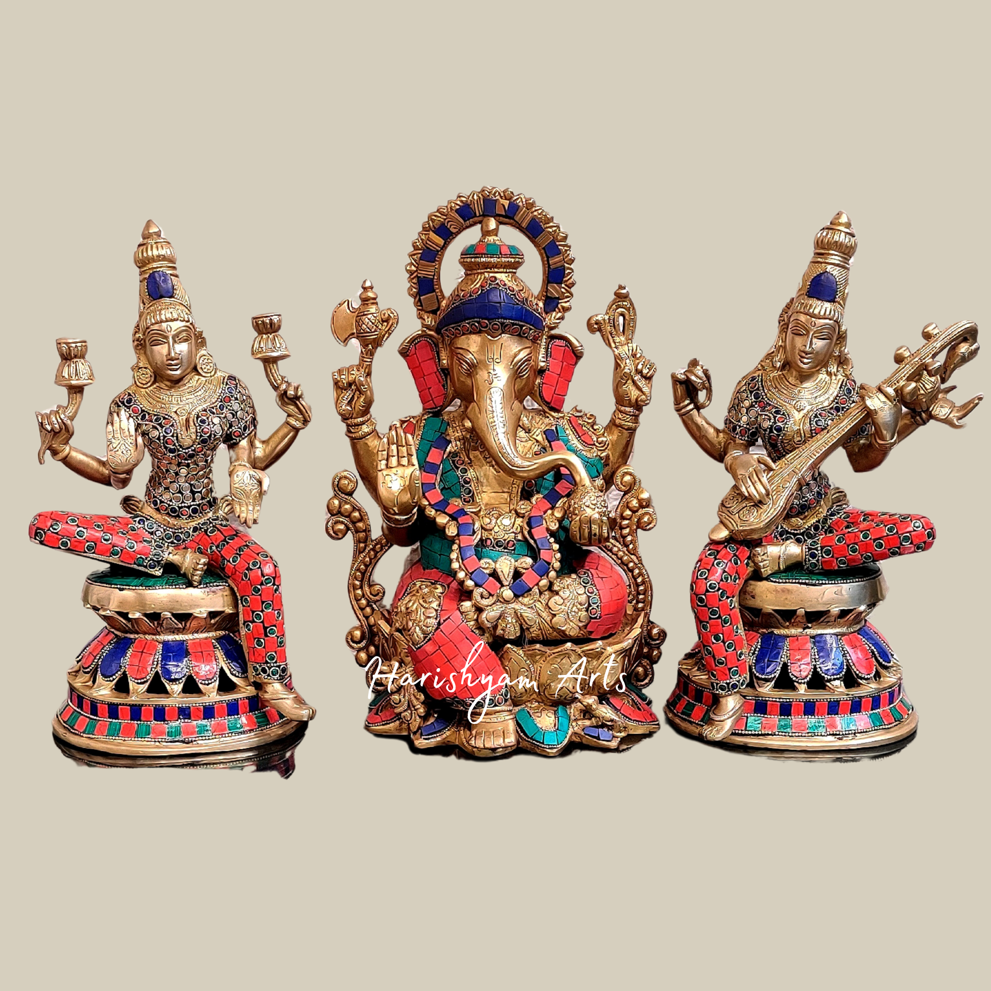 12" Handcrafted Brass Ganesha Lakshmi Saraswati Idols with Vibrant Meenakari Art