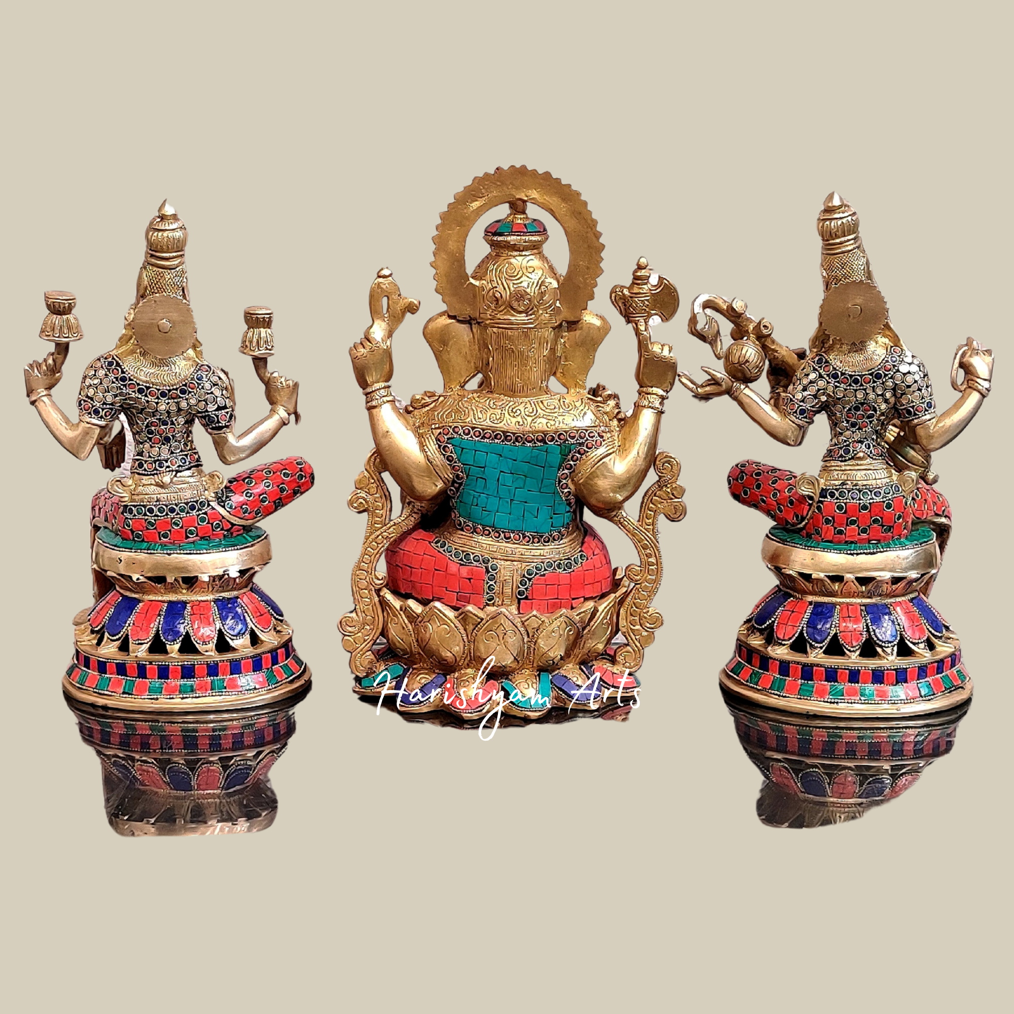 12" Handcrafted Brass Ganesha Lakshmi Saraswati Idols with Vibrant Meenakari Art1