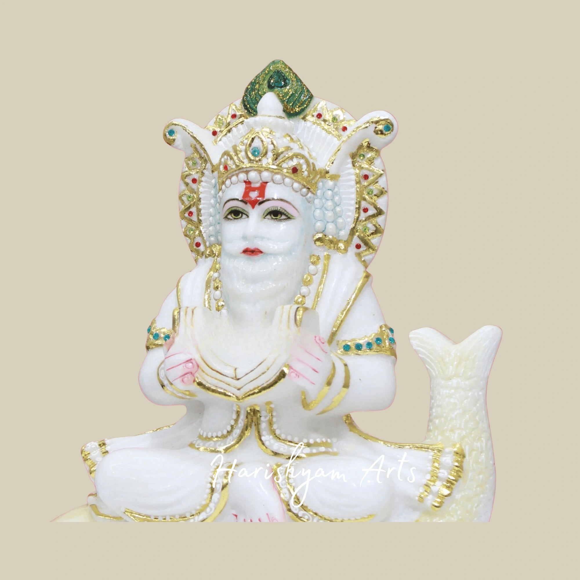 12" Jhulelal Ji White Marble Murti Crafted In Makrana Stone For Divine Blessings At Home And Temple