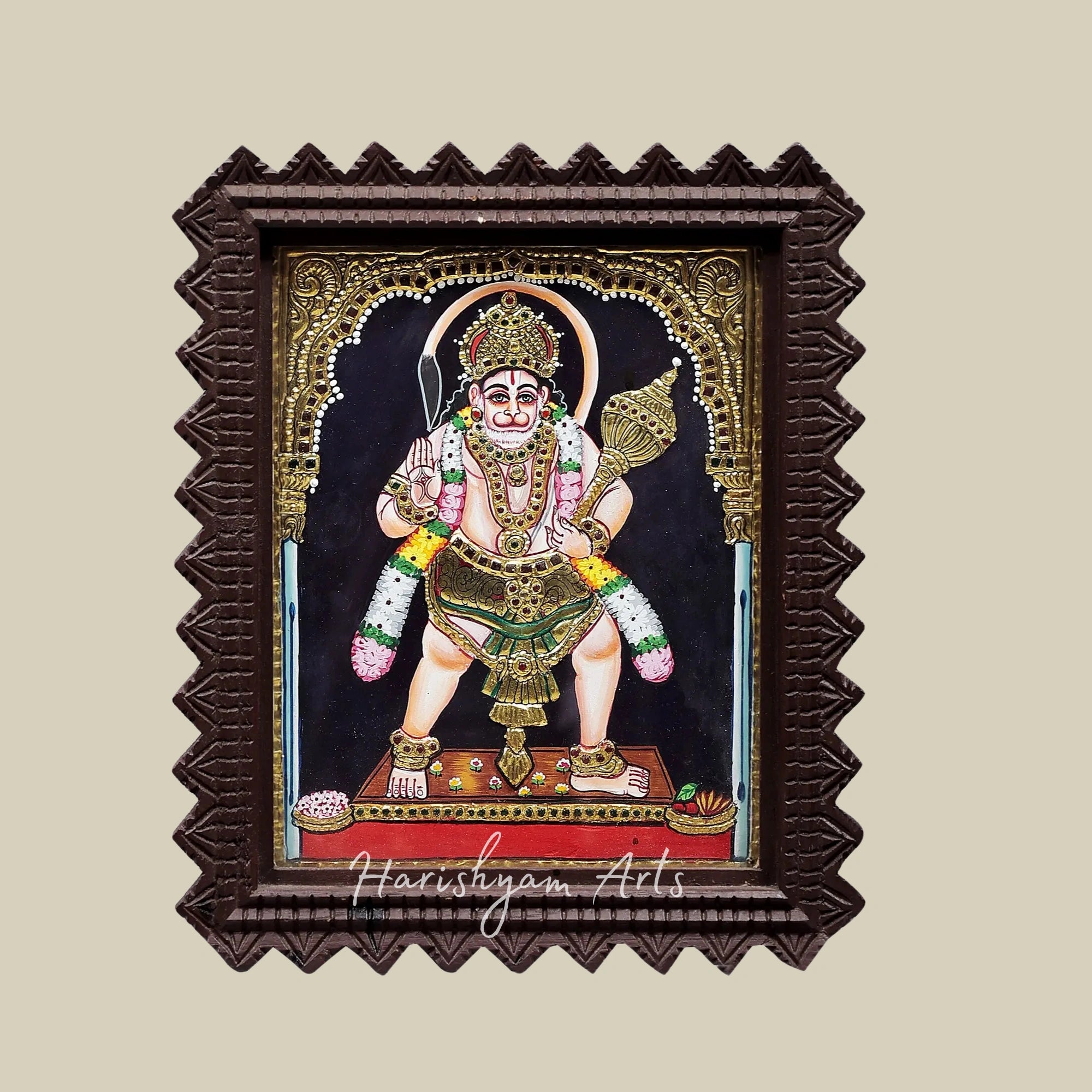 12" Lord Hanuman Ji Tanjore Painting with Elegant Teak Wood Frame