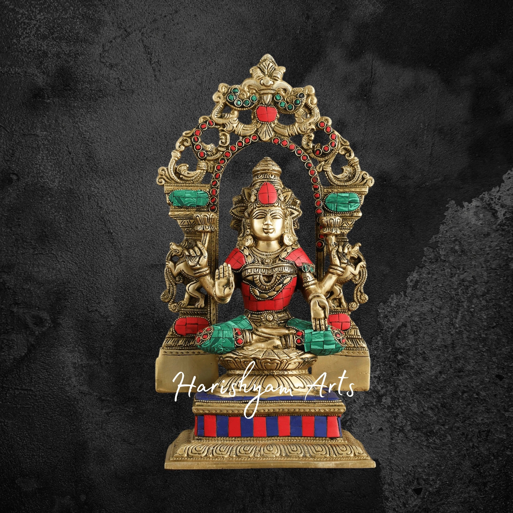12" Pure Brass Laxmi Idol with Arch and Meenakari Stonework