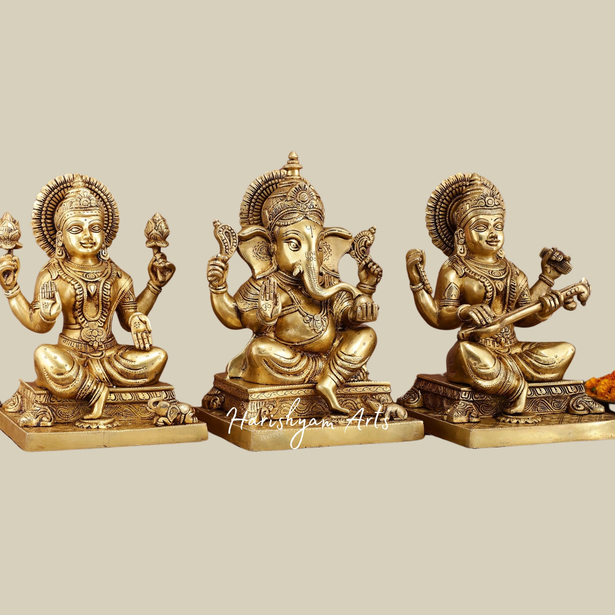 12" Pure Brass Ganesha Lakshmi Saraswati Statue Set with Intricate Detailing1