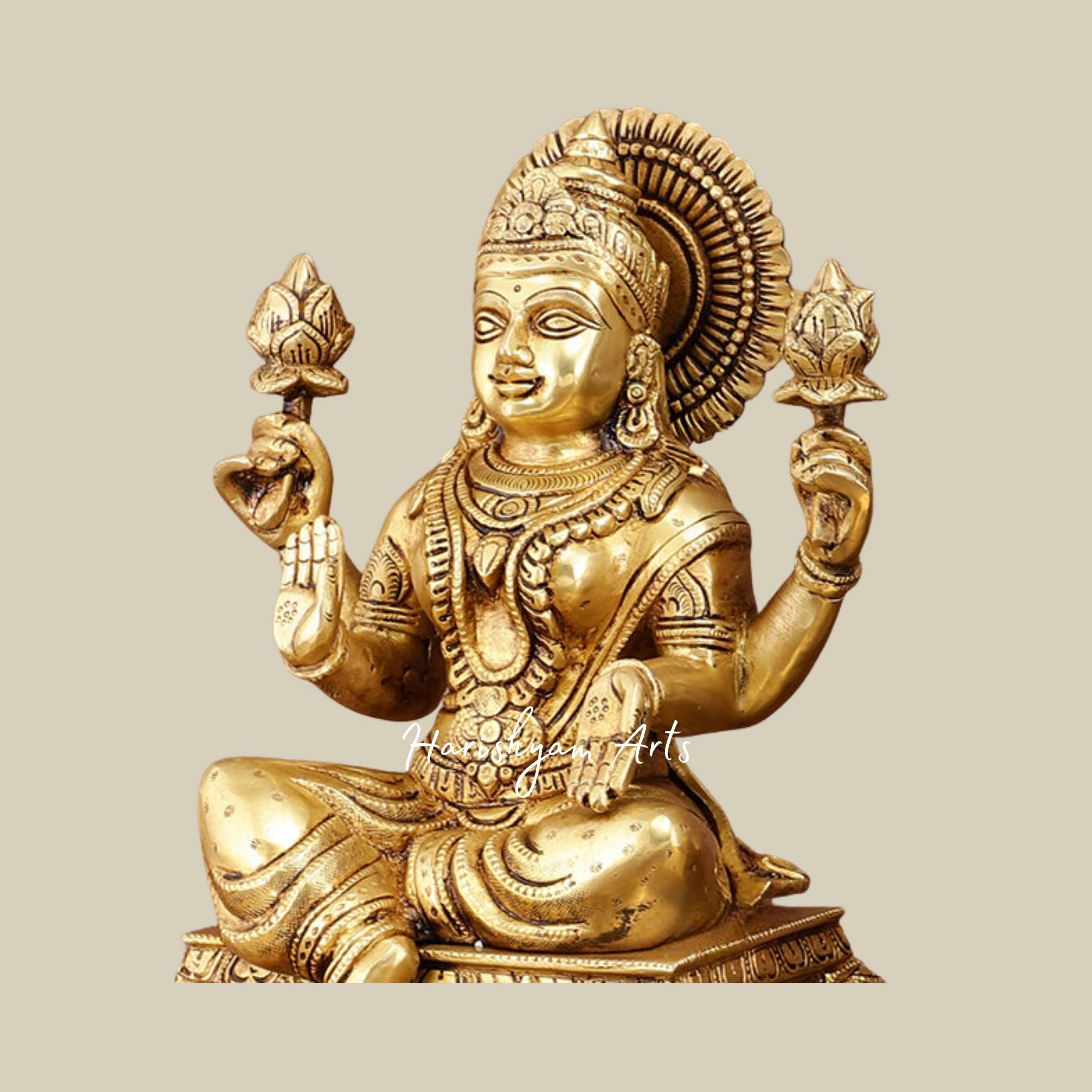 12" Pure Brass Ganesha Lakshmi Saraswati Statue Set with Intricate Detailing2