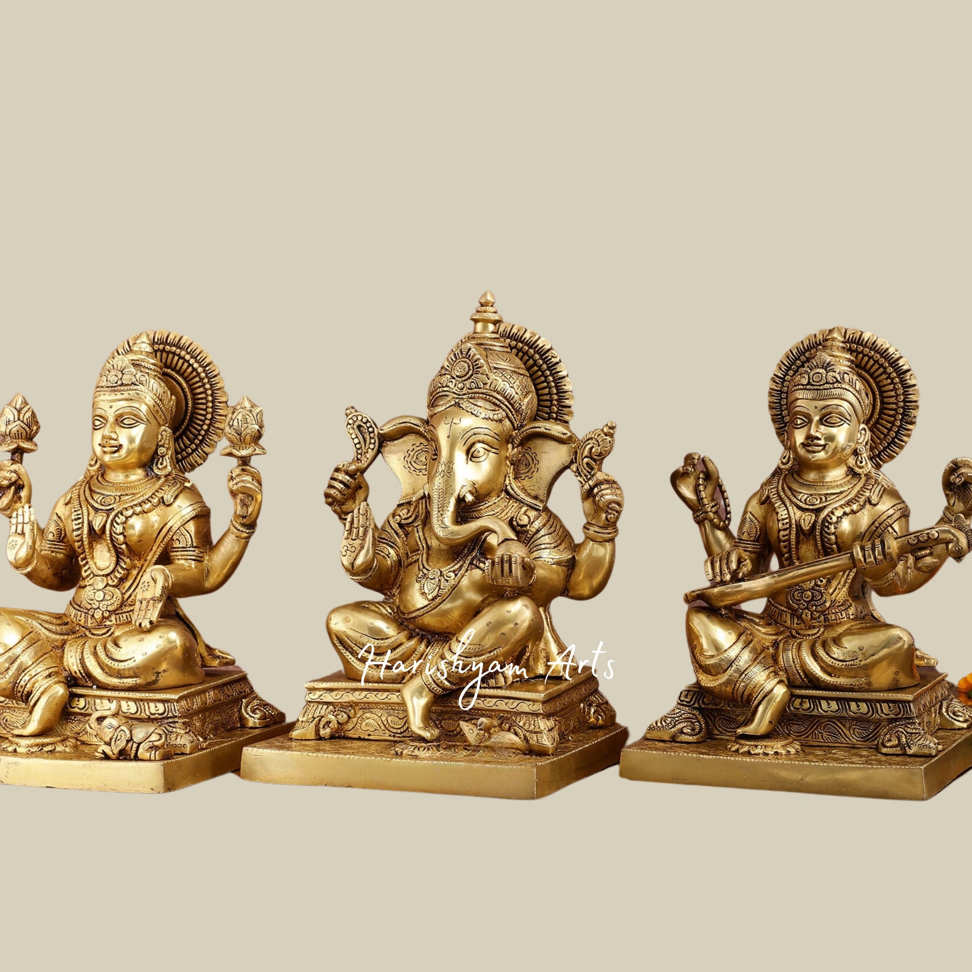 12" Pure Brass Ganesha Lakshmi Saraswati Statue Set with Intricate Detailing3