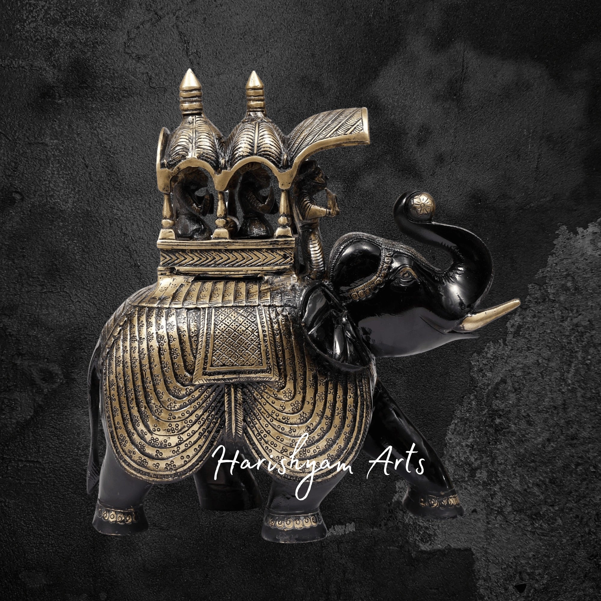 12" Regal Ambari Elephant Statue in Brass with Upraised Trunk