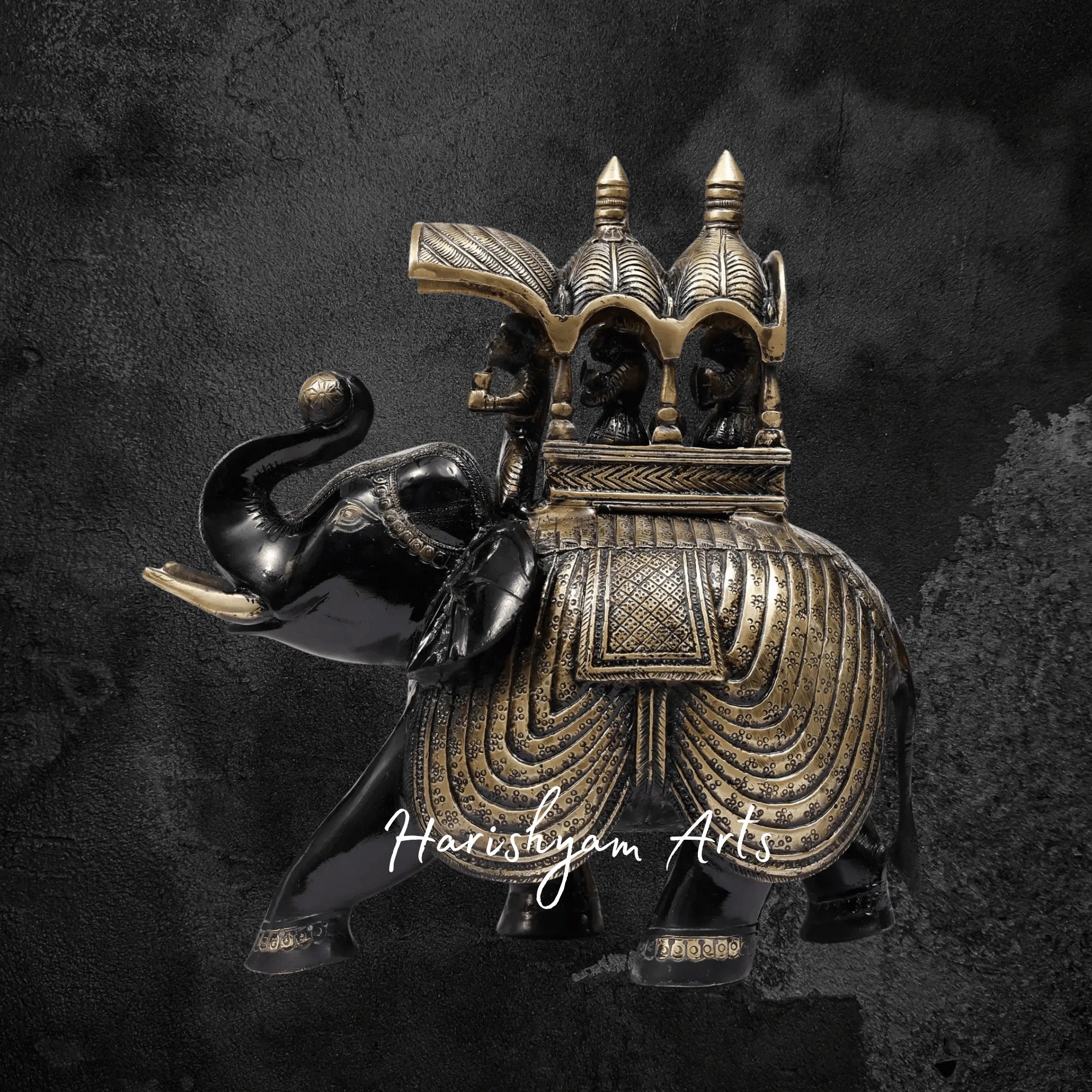 12" Regal Ambari Elephant Statue in Brass with Upraised Trunk