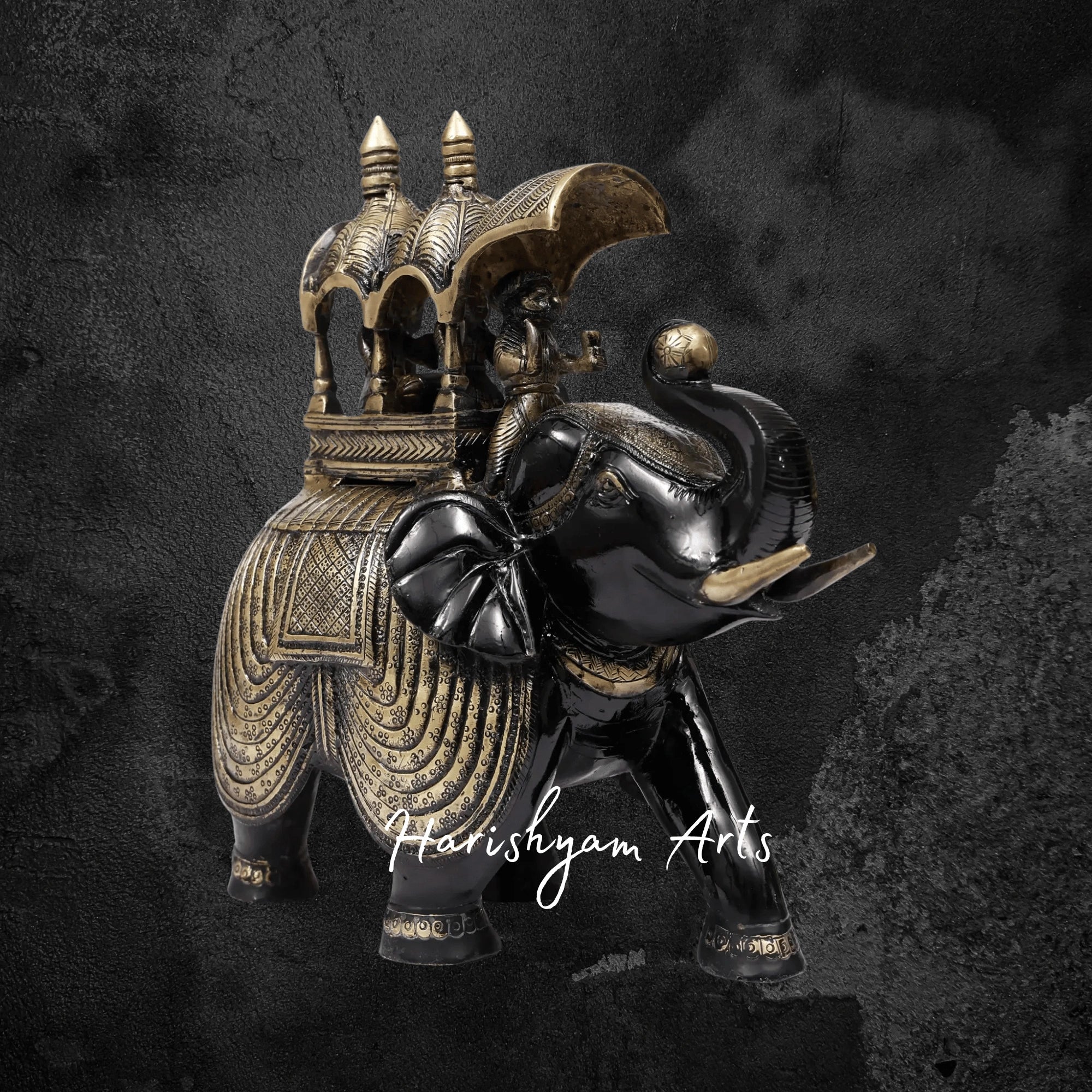 12" Regal Ambari Elephant Statue in Brass with Upraised Trunk