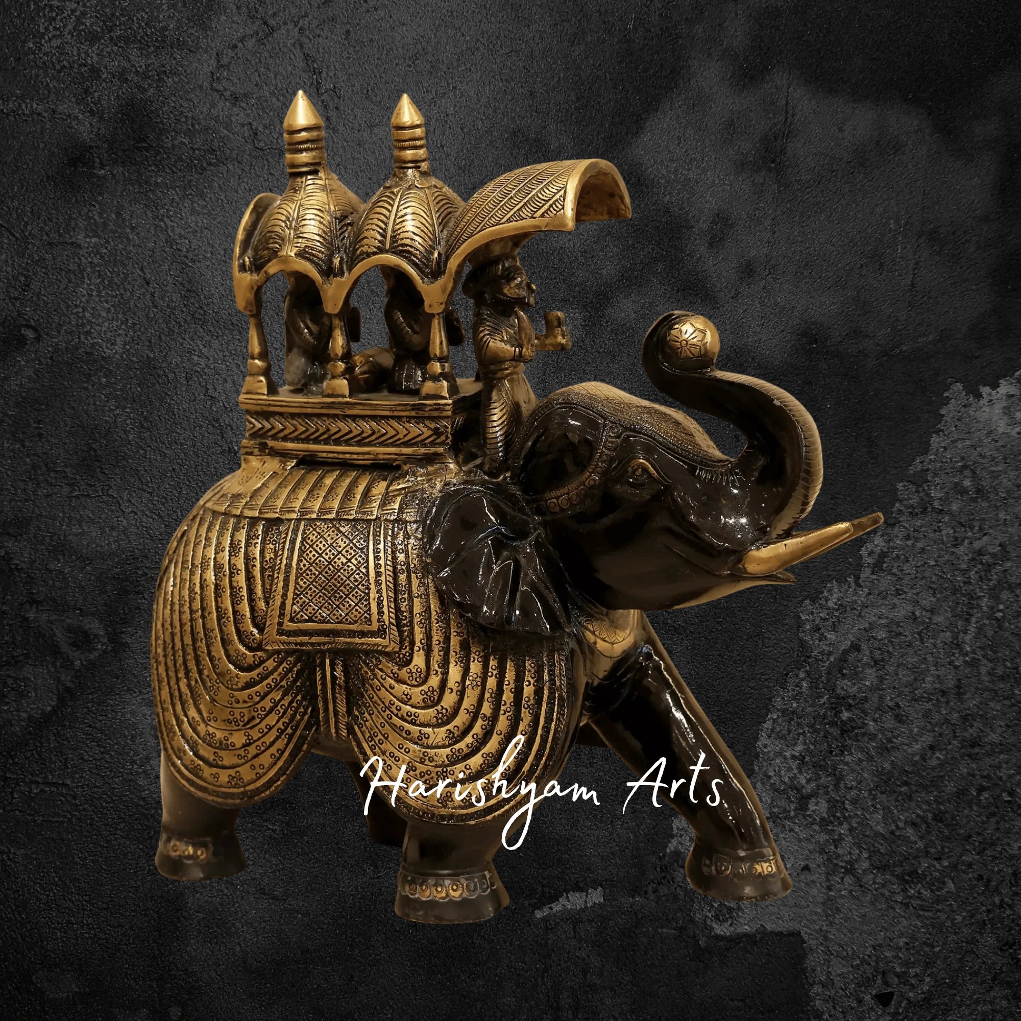12" Regal Ambari Elephant Statue in Brass with Upraised Trunk