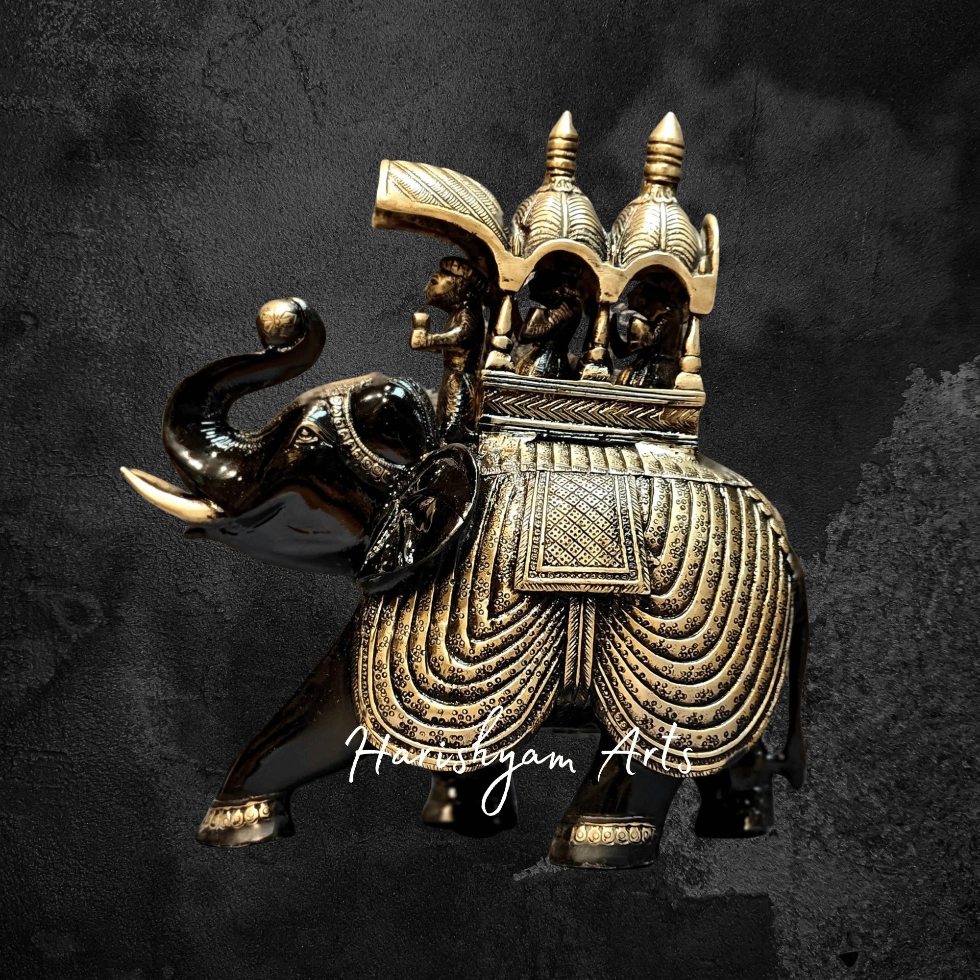 12" Shiny Brass Ambari Elephant Statue with Raised Trunk Design