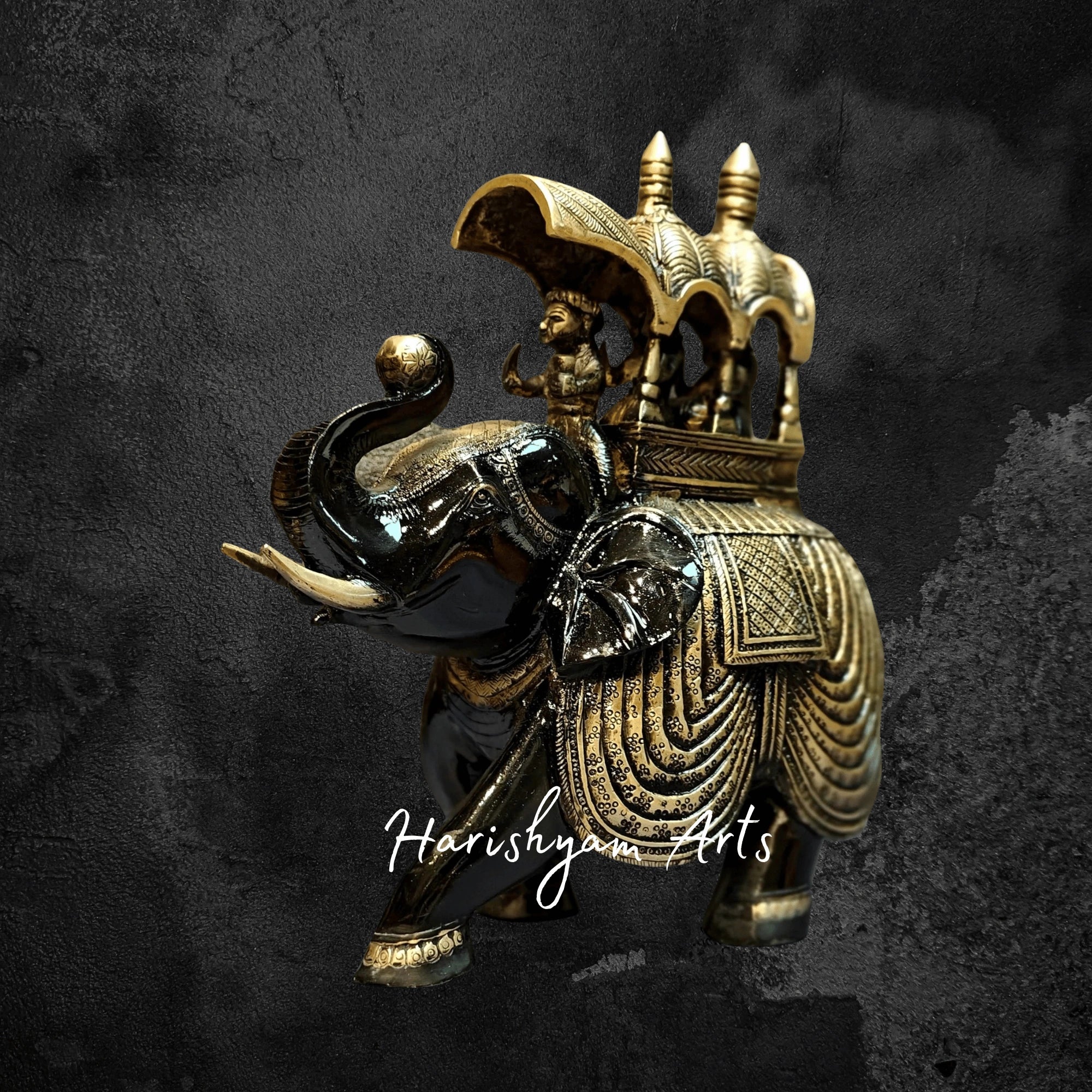 12" Shiny Brass Ambari Elephant Statue with Raised Trunk Design