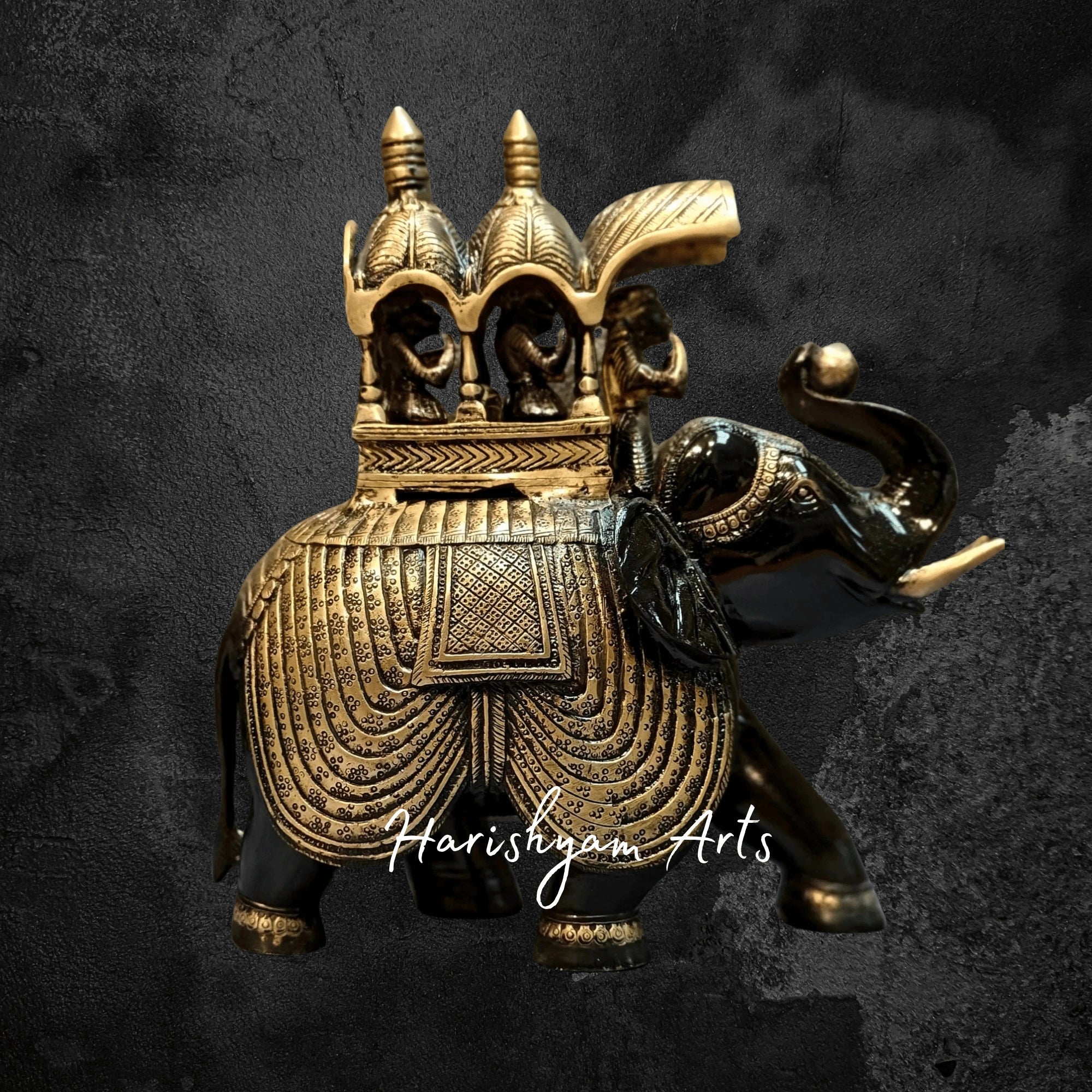 12" Shiny Brass Ambari Elephant Statue with Raised Trunk Design