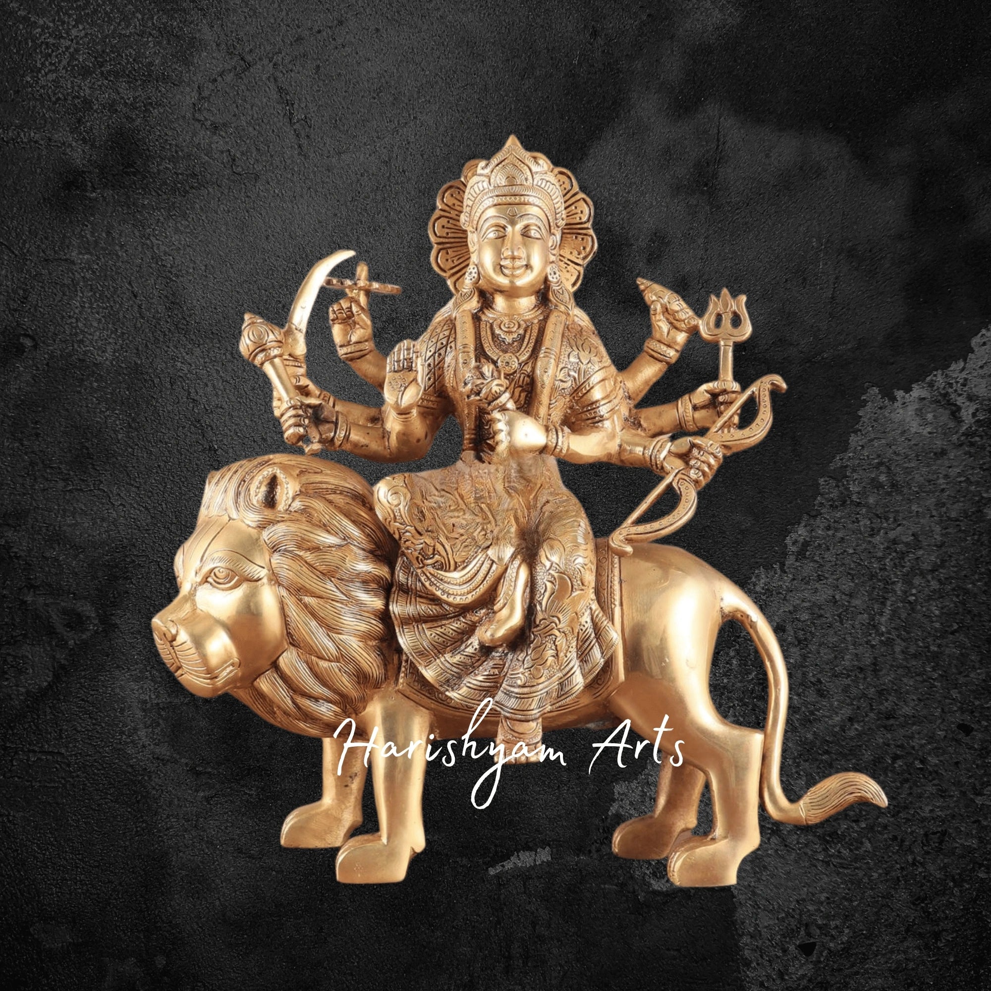 12" Small Brass Sherawali Mata Statue for Devotional Spaces