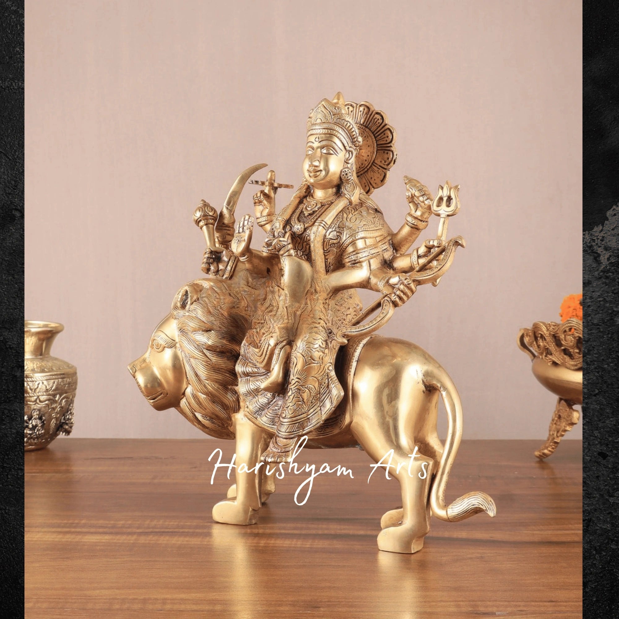 12" Small Brass Sherawali Mata Statue for Devotional Spaces