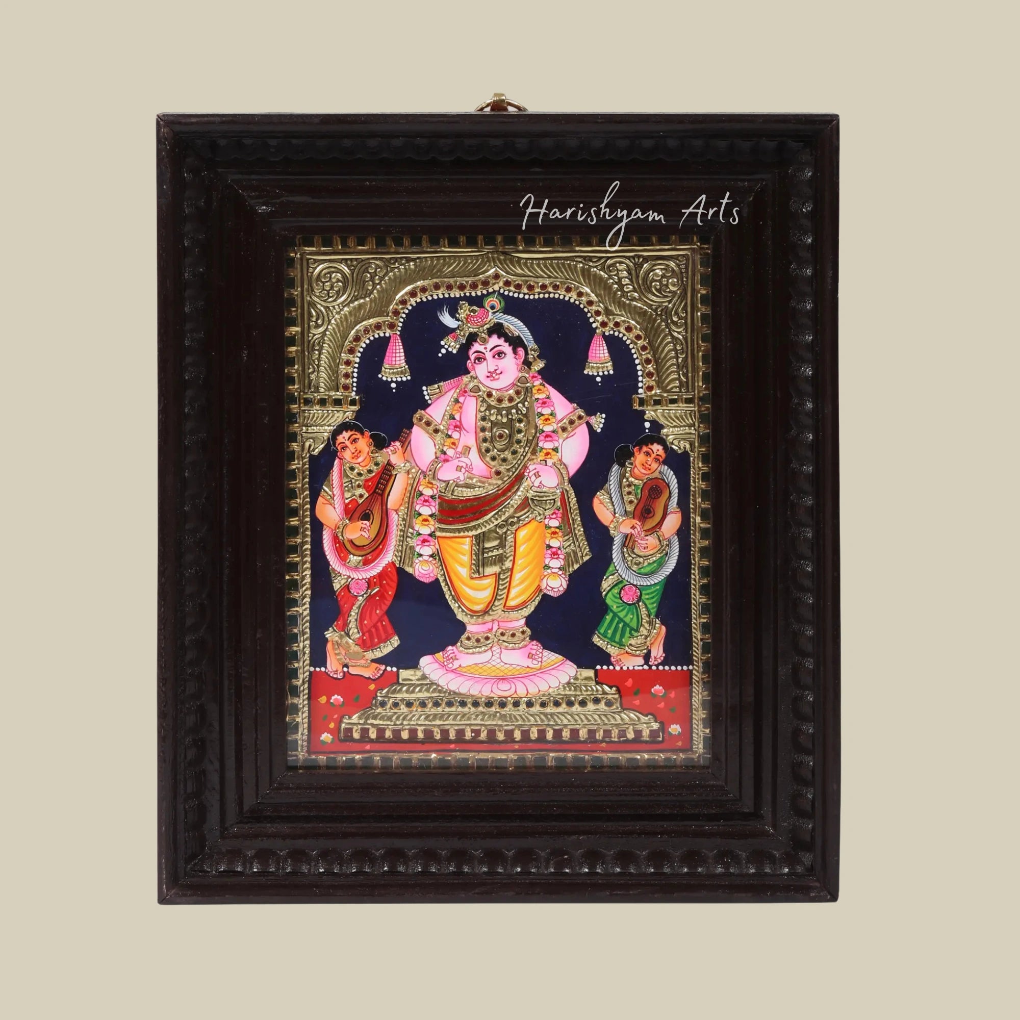 12" Standing Krishna Tanjore Painting with Ornate Frame