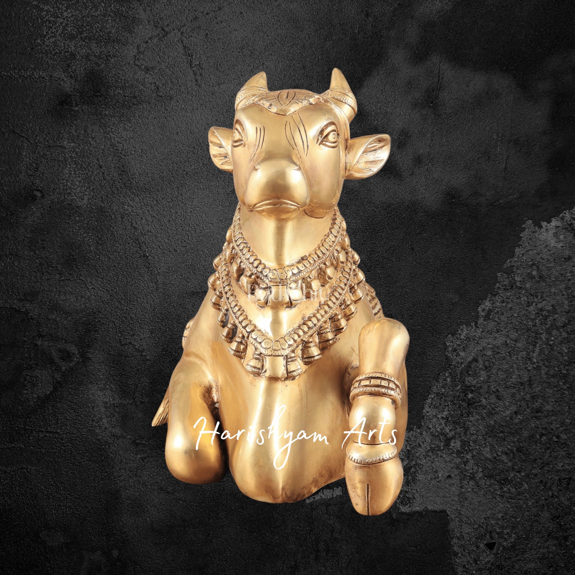 12" Superfine Brass Nandi Idol with Intricate Detailing and Shiva Symbolism