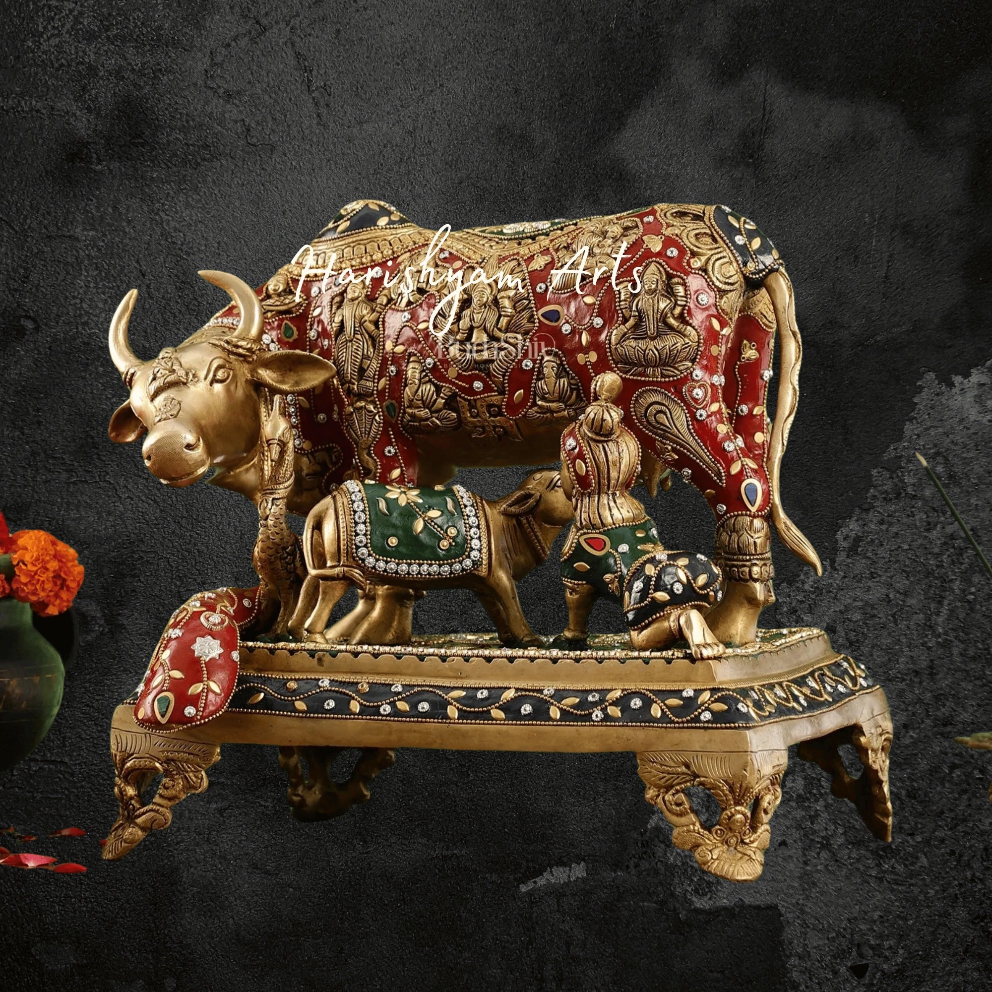 12" Traditional Kamadhenu Brass Idol with Calf for Pooja Room