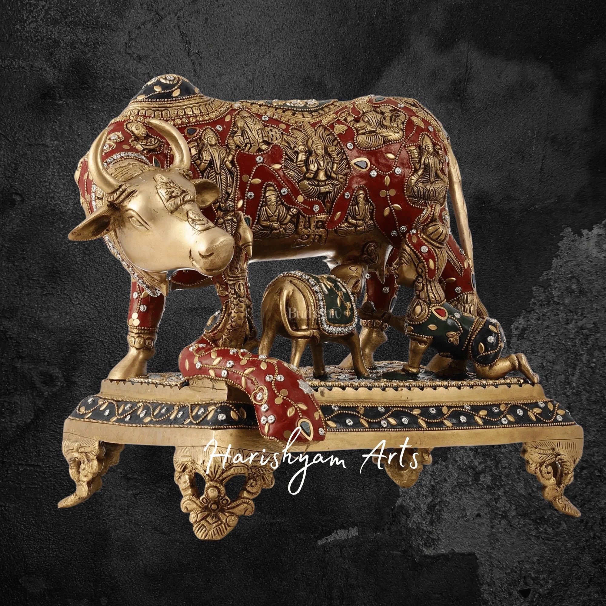 12" Traditional Kamadhenu Brass Idol with Calf for Pooja Room