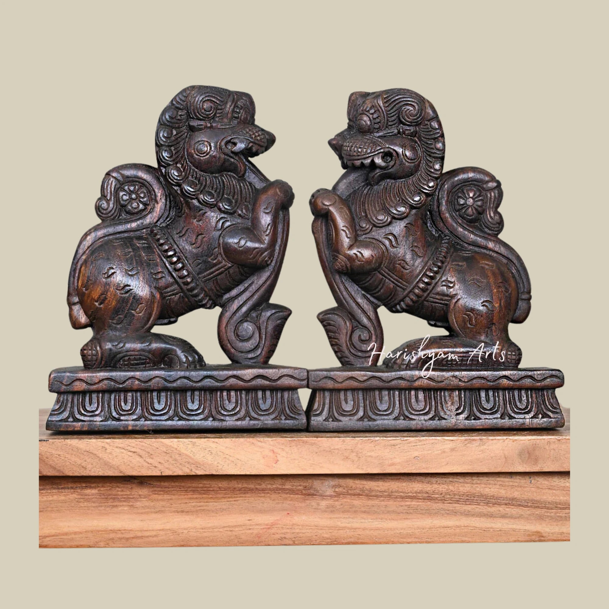 12" Wooden Sculpture Featuring Lion Face and Yaazhi Design for Home Decoration