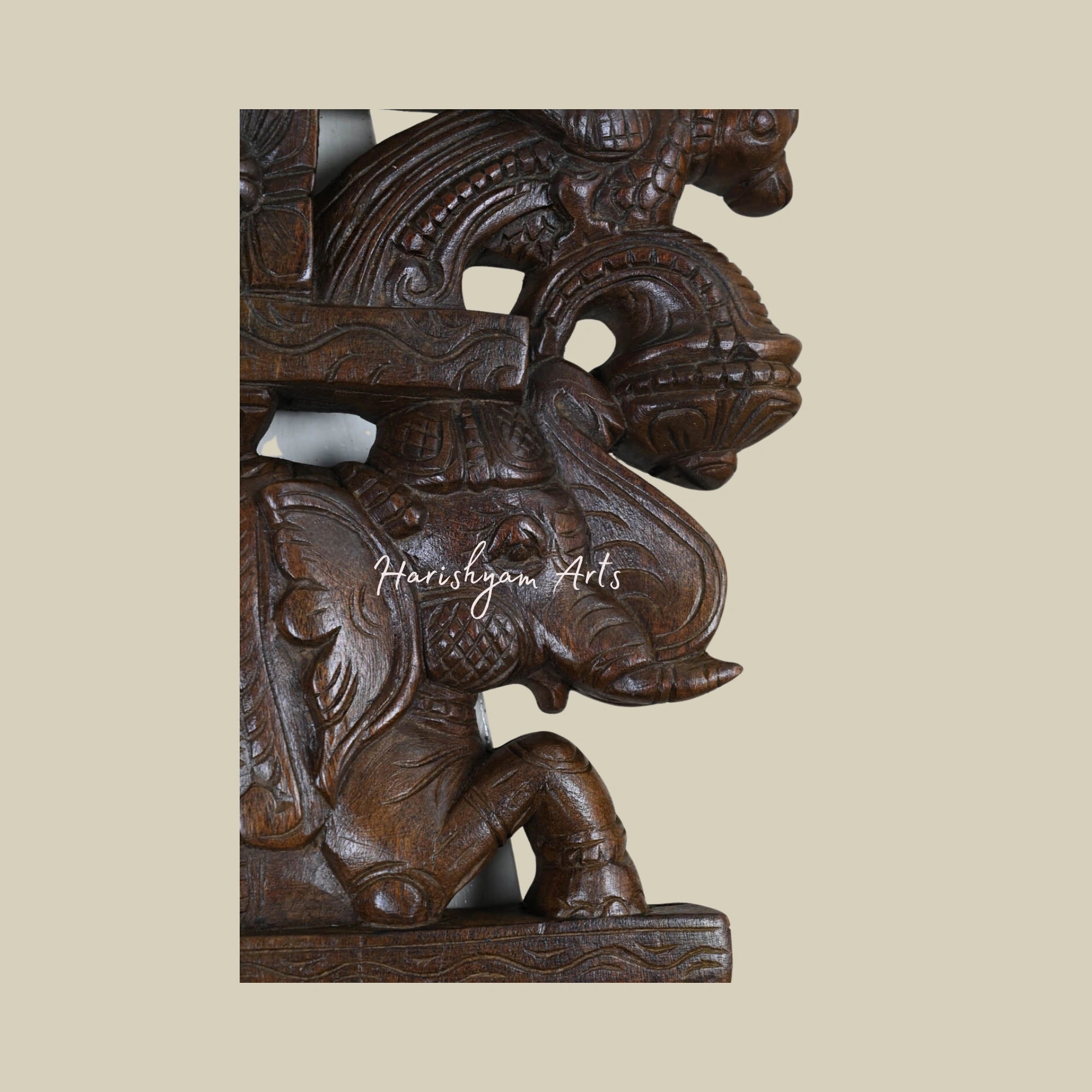 12" Wooden Sculpture Featuring Lion Face and Yaazhi Design for Home Decoration1