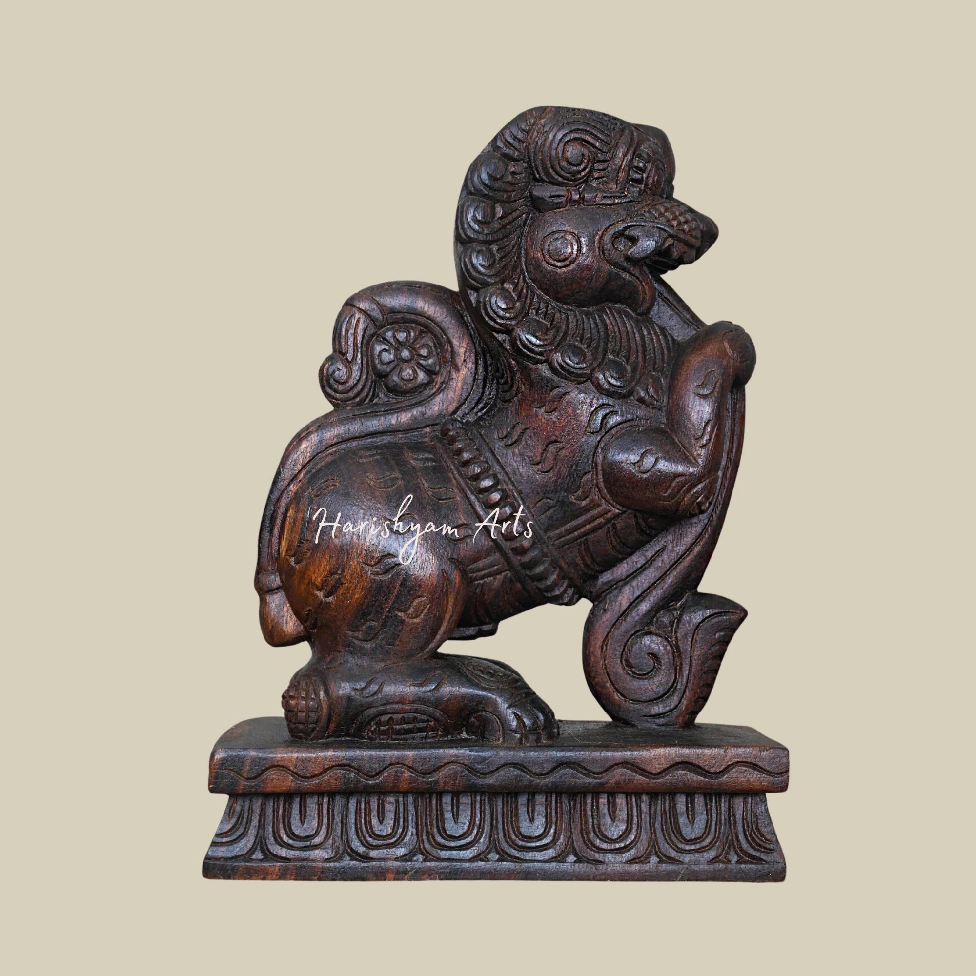 12" Wooden Sculpture Featuring Lion Face and Yaazhi Design for Home Decoration2
