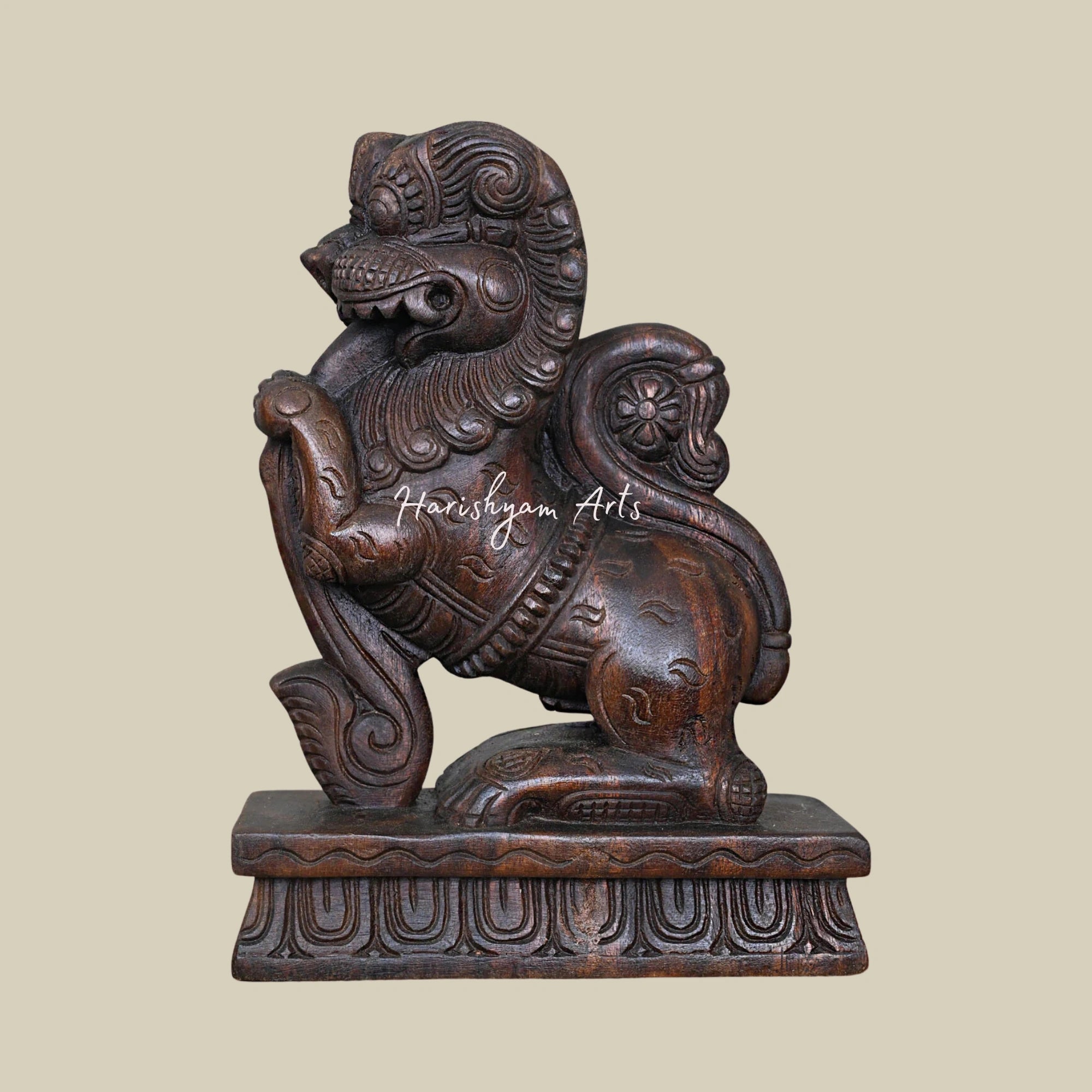 12" Wooden Sculpture Featuring Lion Face and Yaazhi Design for Home Decoration3
