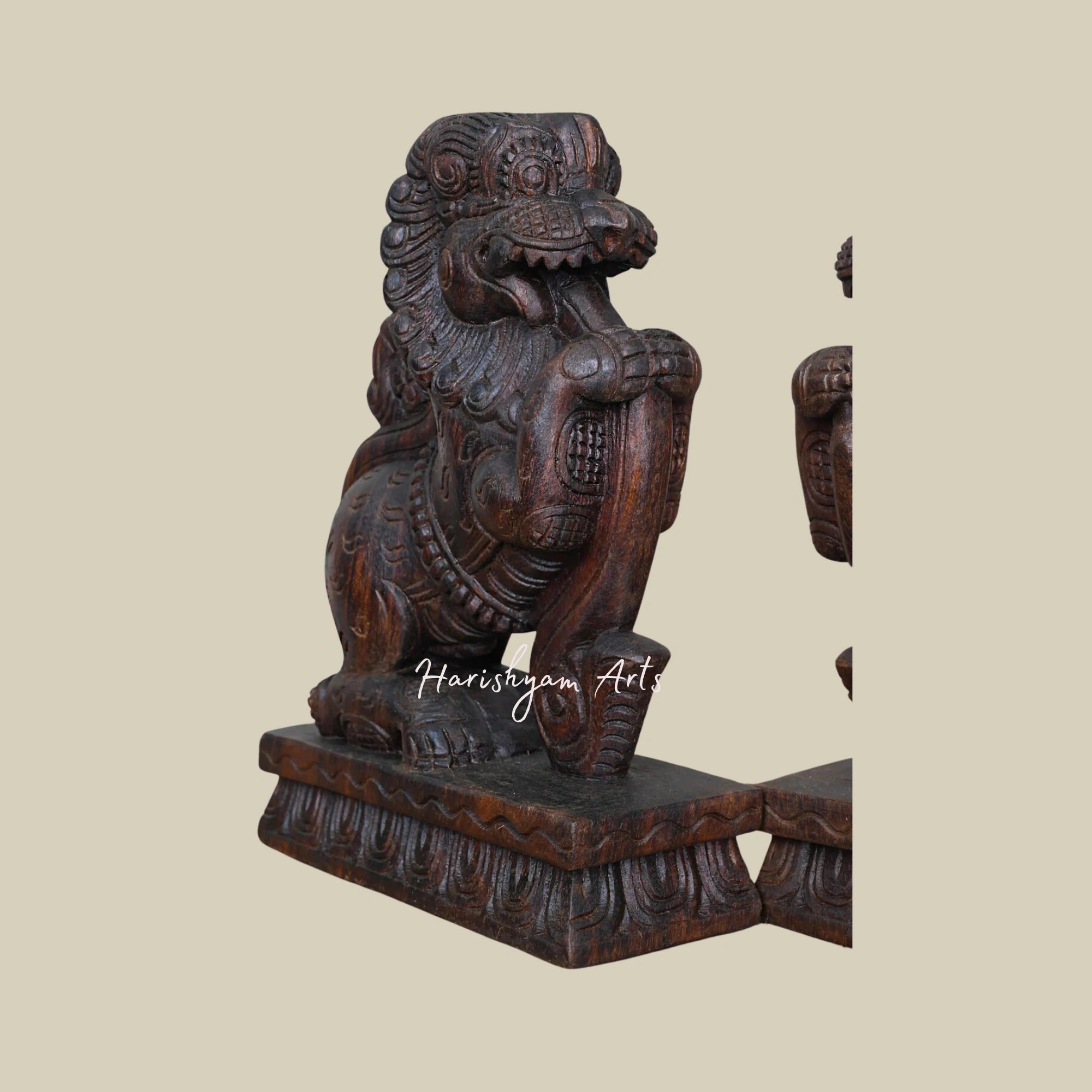 12" Wooden Sculpture Featuring Lion Face and Yaazhi Design for Home Decoration4
