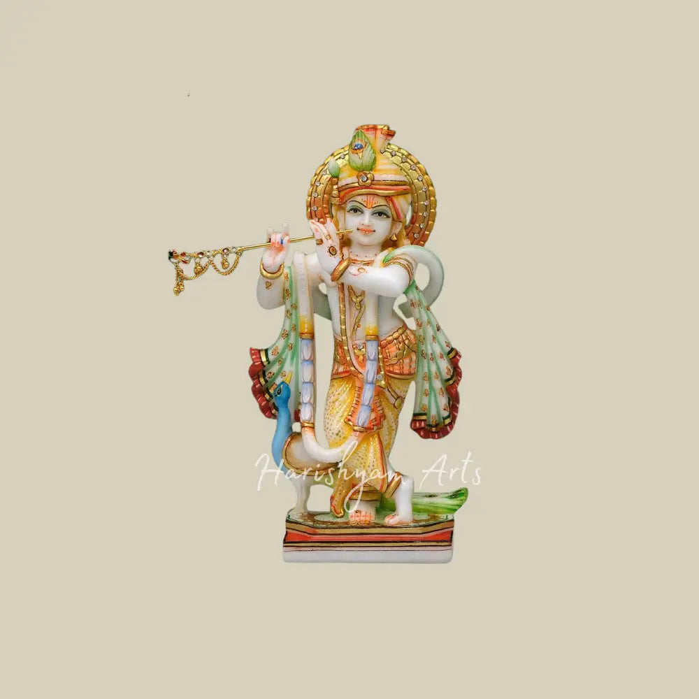 12" Handmade Marble Statue of Krishna With Pagadi and Peacock