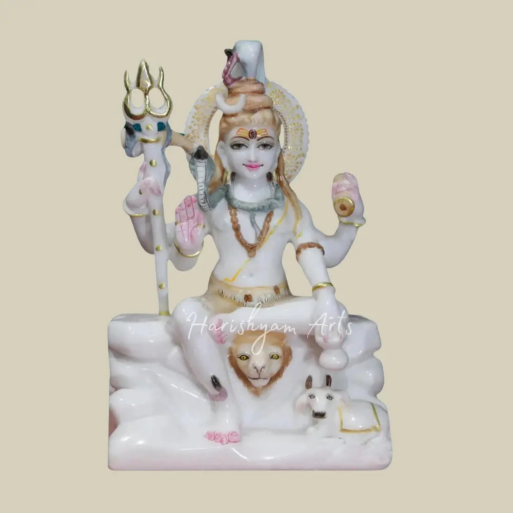 12" Lord Shiva With Nandi  White Makrana Marble deity