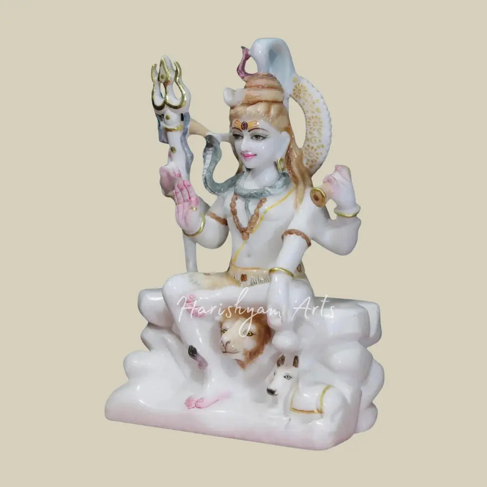 12" Lord Shiva With Nandi  White Makrana Marble deity