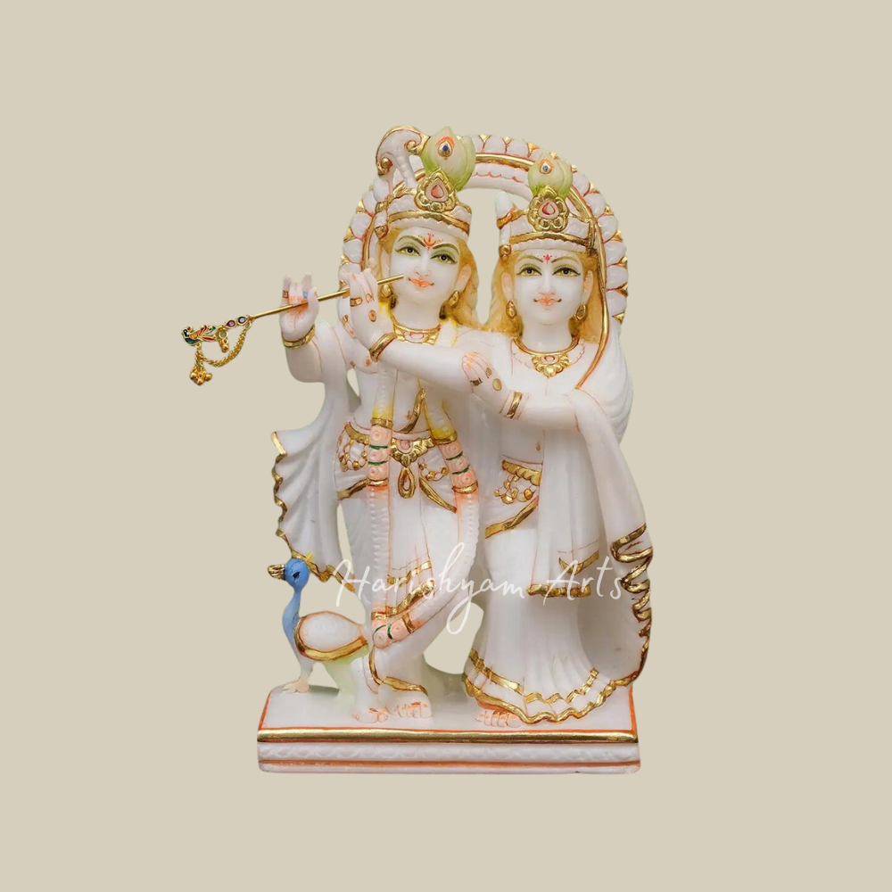 12" Marble Radha Krishna Statue with peacock