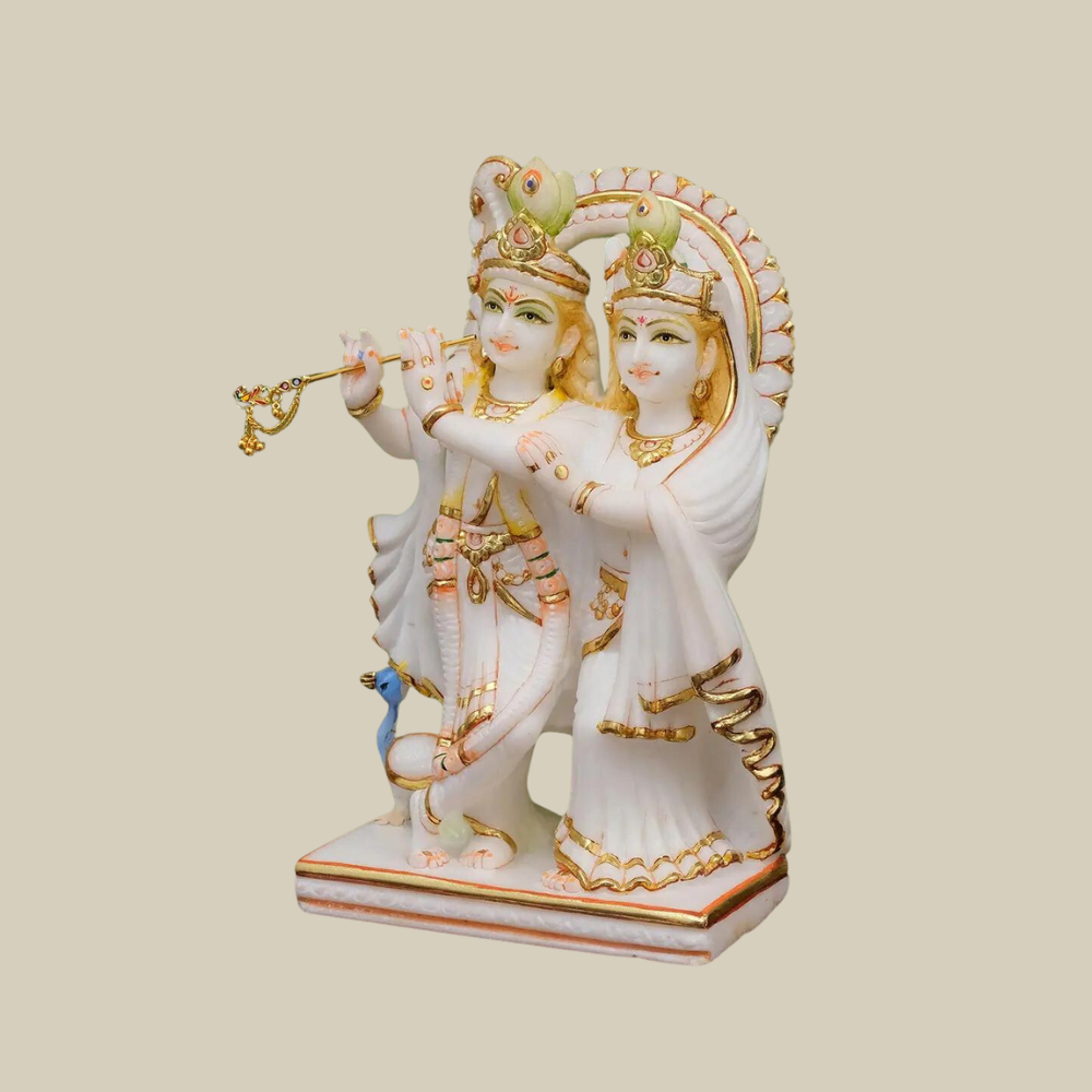 12" Marble Radha Krishna Statue with peacock