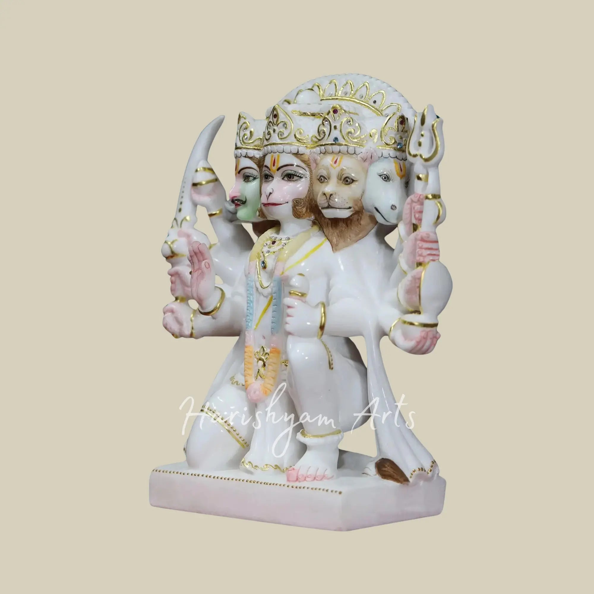12 inches Seated Panchamukhi Hanuman ji White Makrana Marble Statue