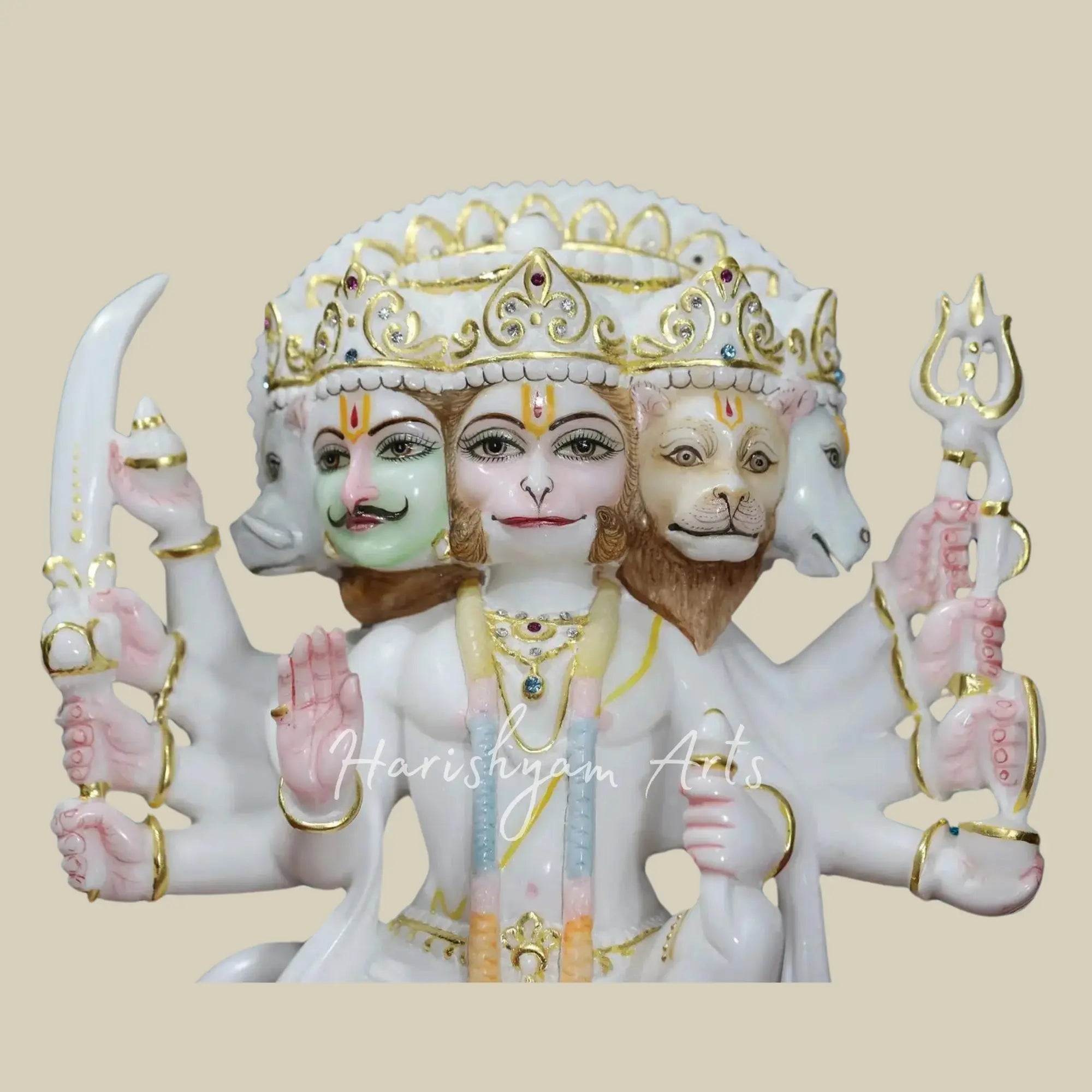 12 inches Seated Panchamukhi Hanuman ji White Makrana Marble Statue 1