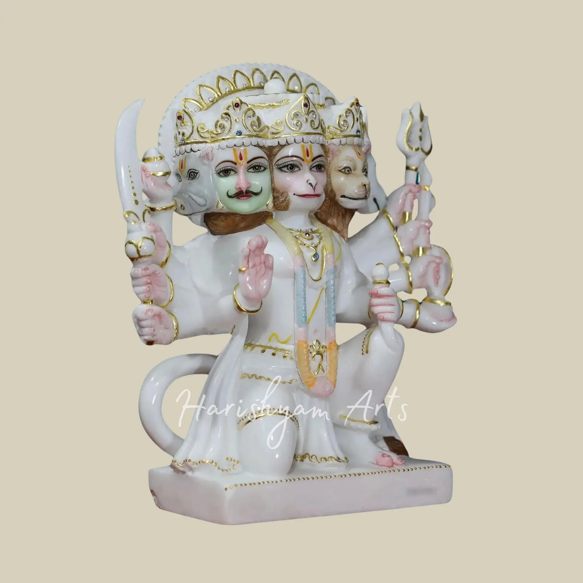 12 inches Seated Panchamukhi Hanuman ji White Makrana Marble Statue 2