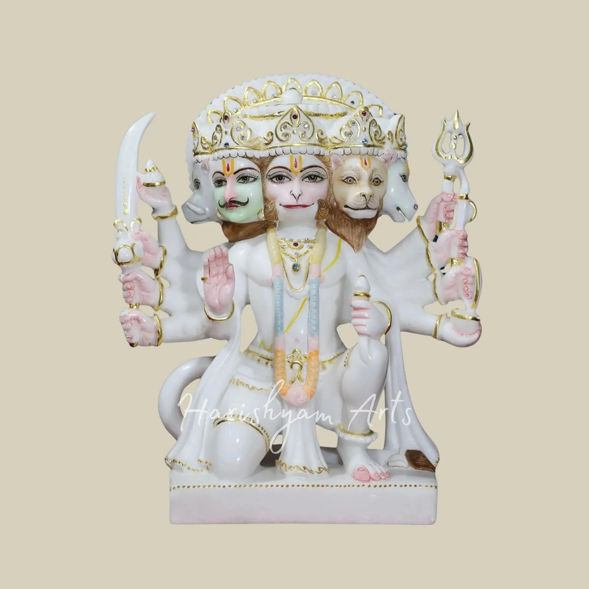 12 inches Seated Panchamukhi Hanuman ji White Makrana Marble Statue 3