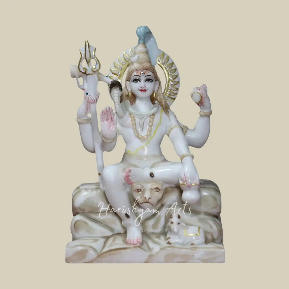 12" Statue Of Lord Shiva With Four Arms And Nandi in Makrana Marble