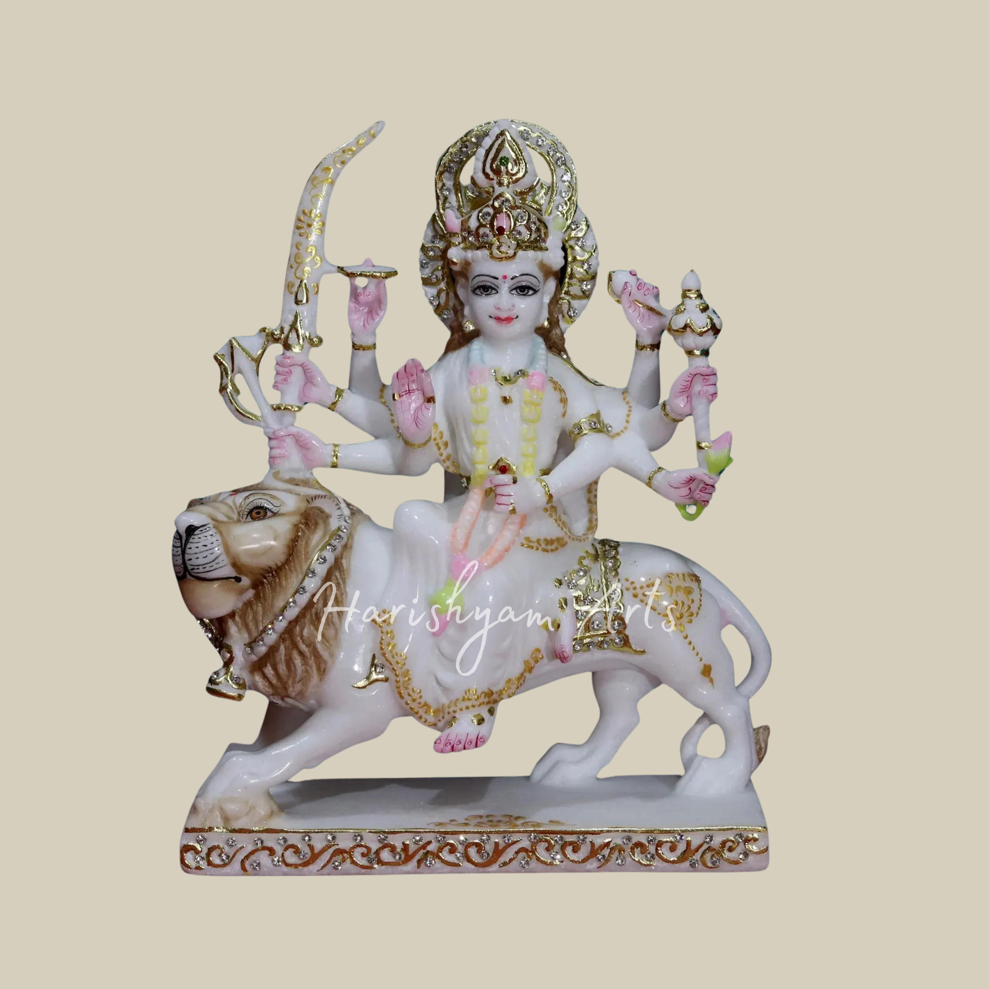 12" White Makrana Marble Handmade Durga Maa idol