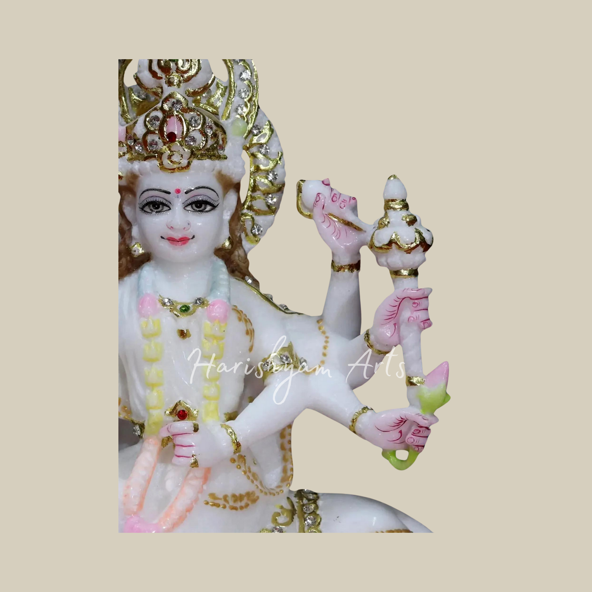 12" White Makrana Marble Handmade Durga Maa idol