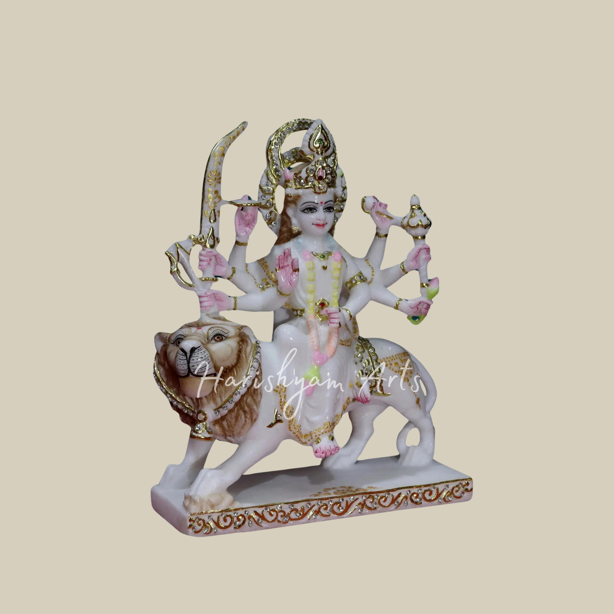 12" White Makrana Marble Handmade Durga Maa idol