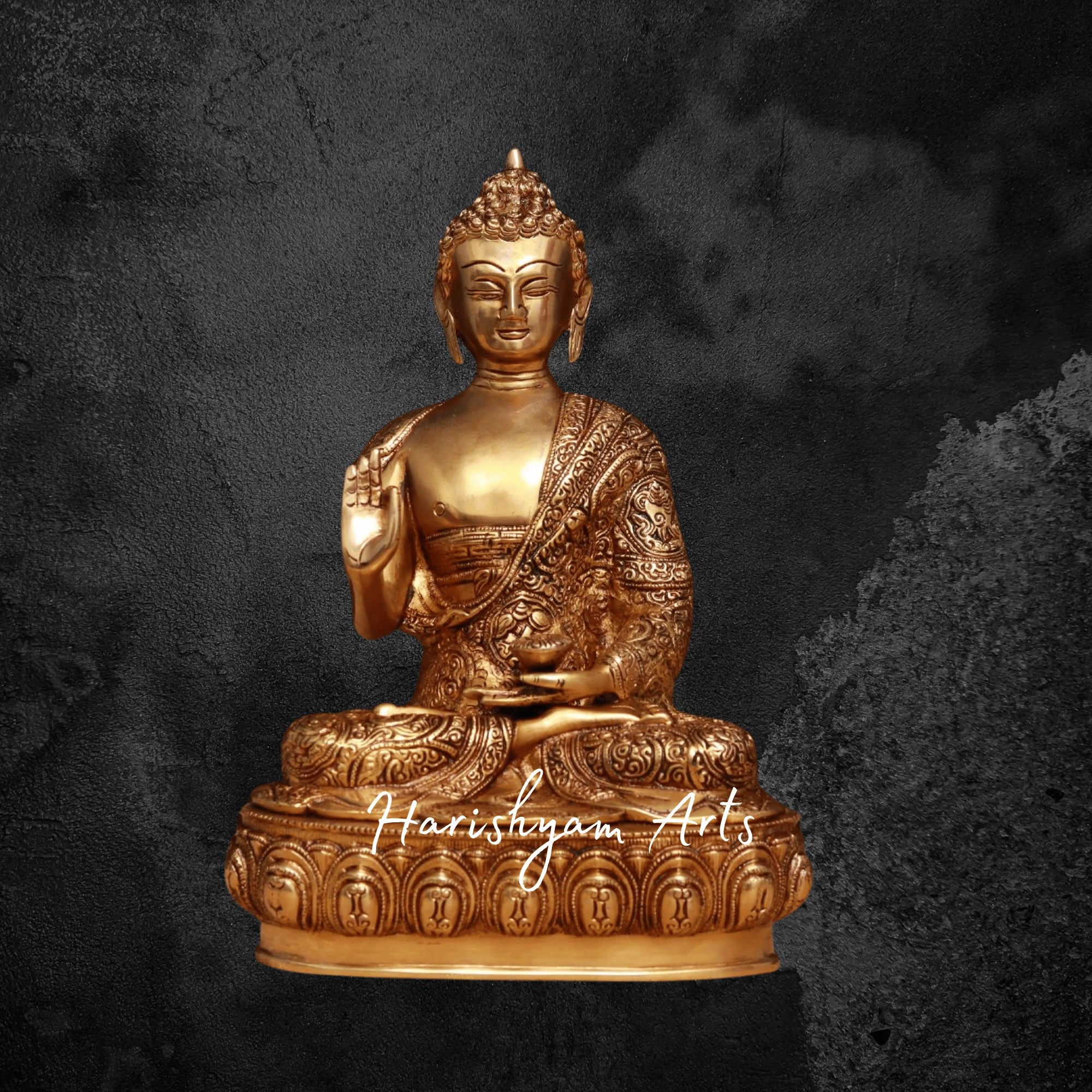 13.5" Golden Brass Buddha Statue Seated on a Lotus with Fine Artwork