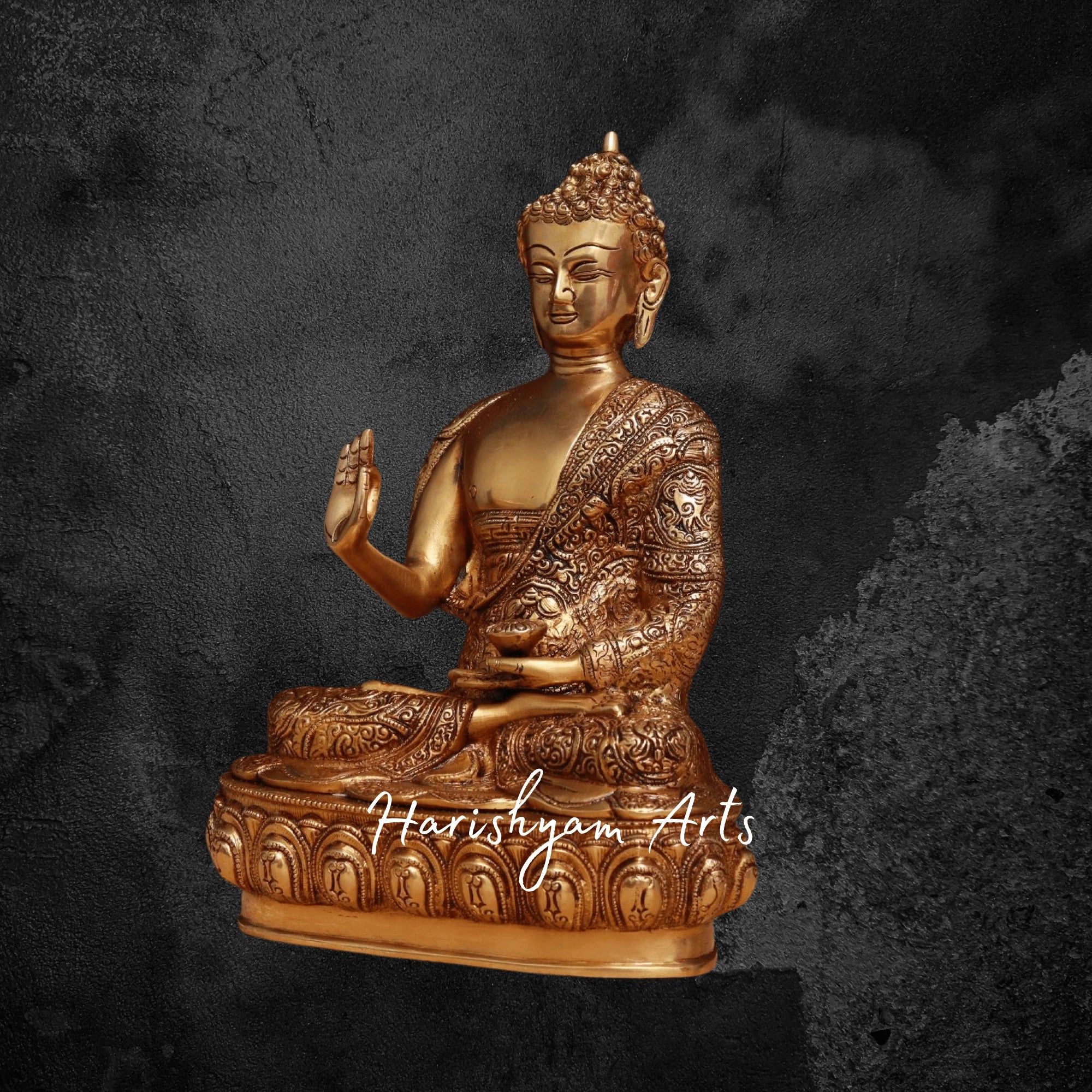 13.5" Golden Brass Buddha Statue Seated on a Lotus with Fine Artwork