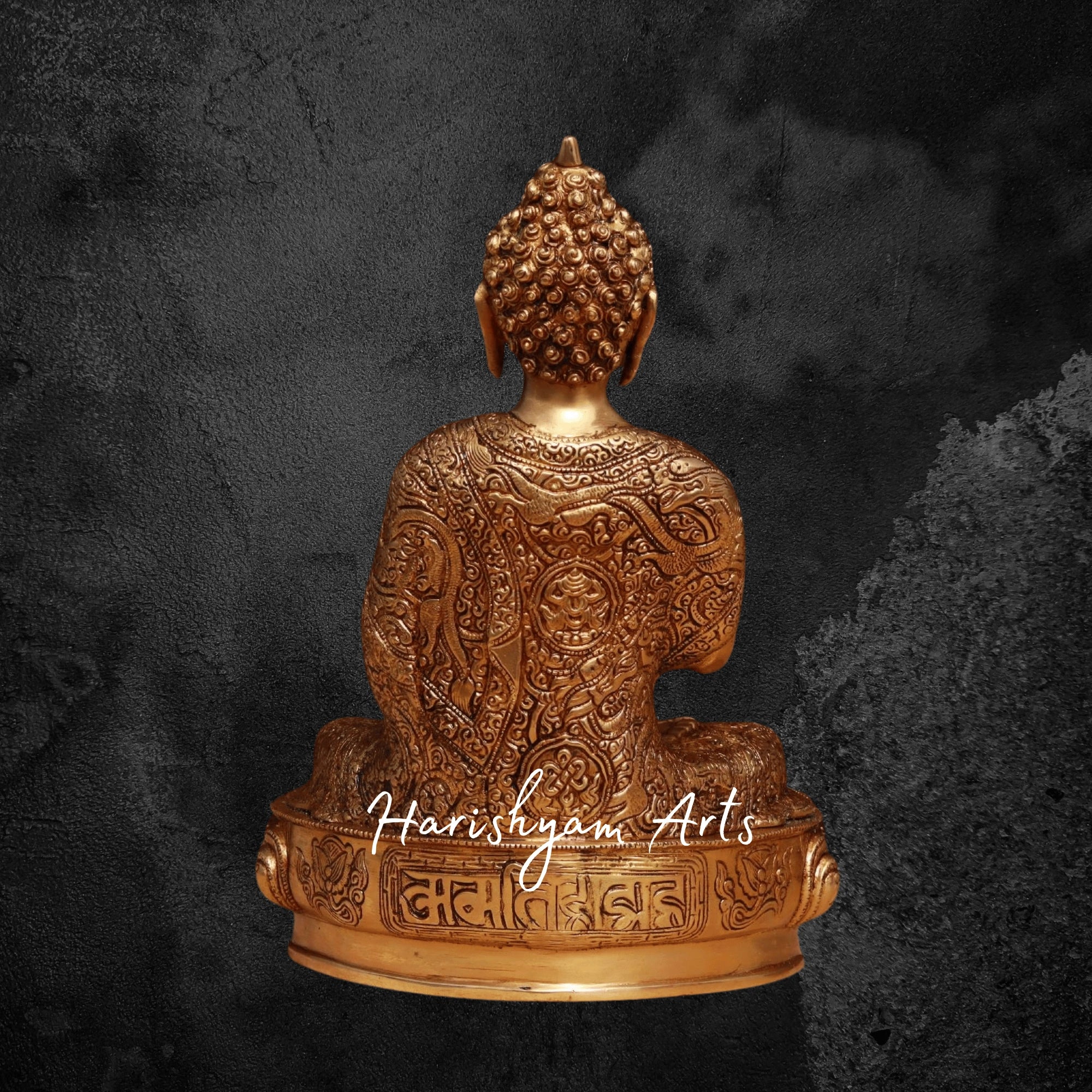 13.5" Golden Brass Buddha Statue Seated on a Lotus with Fine Artwork