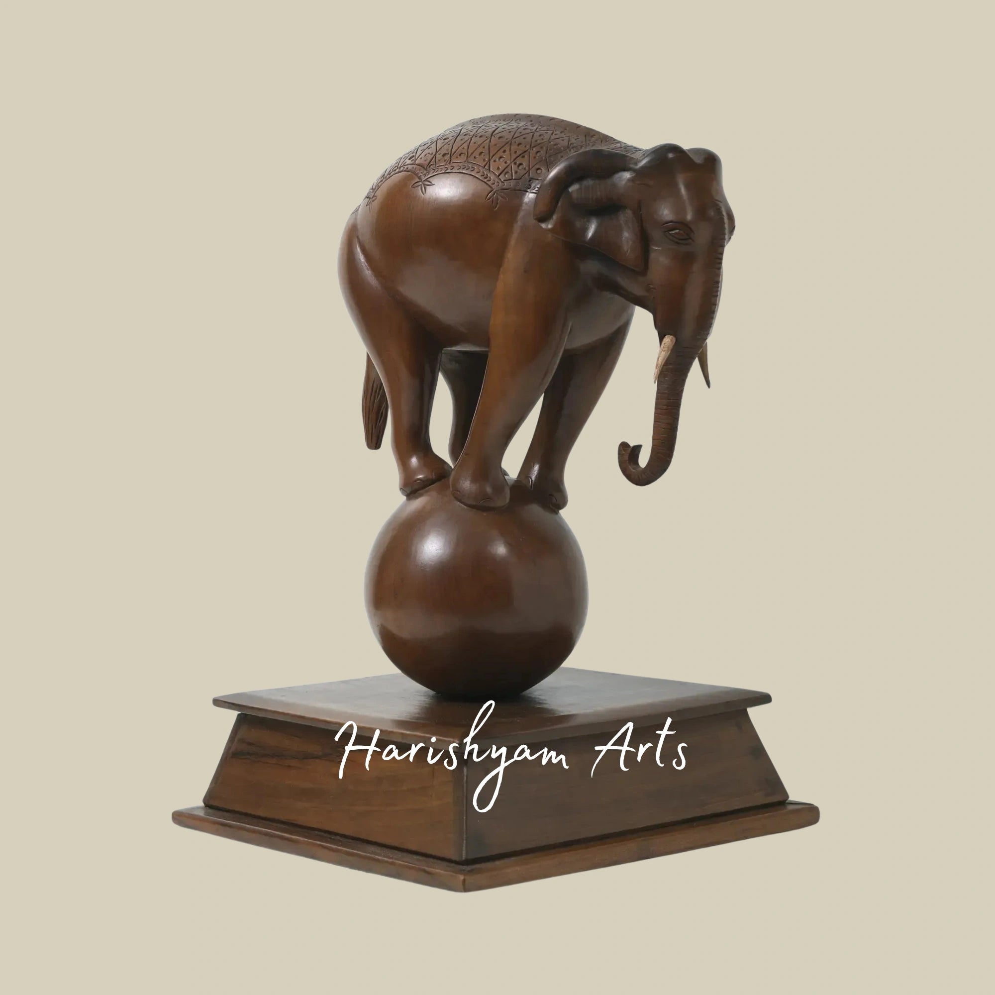 17" Balancing Elephant on Ball – Fine Walnut Wood Sculpture from Kashmiri Artisans