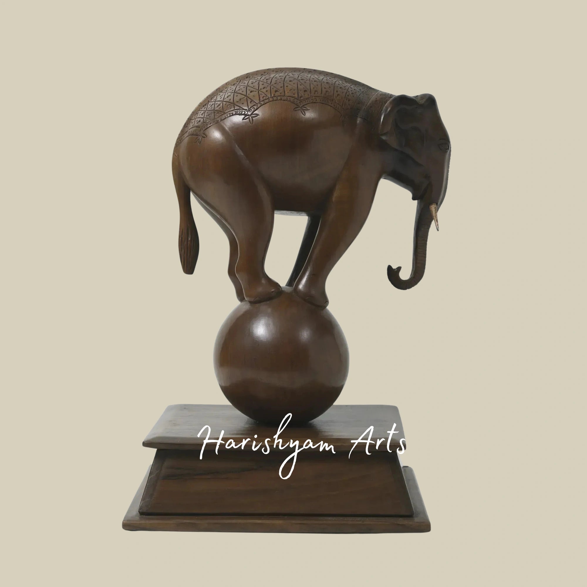 17" Balancing Elephant on Ball – Fine Walnut Wood Sculpture from Kashmiri Artisans