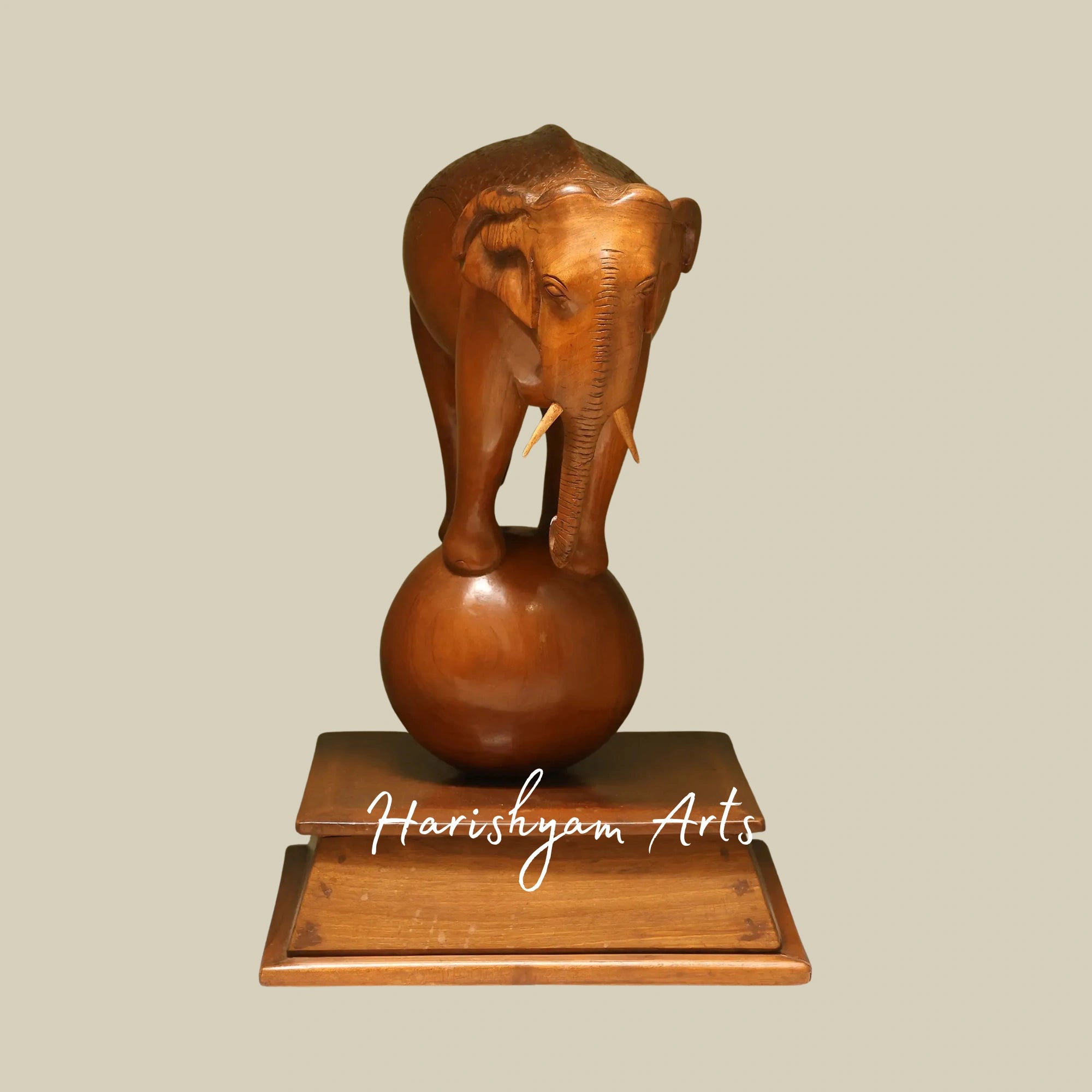 17" Balancing Elephant on Ball – Fine Walnut Wood Sculpture from Kashmiri Artisans