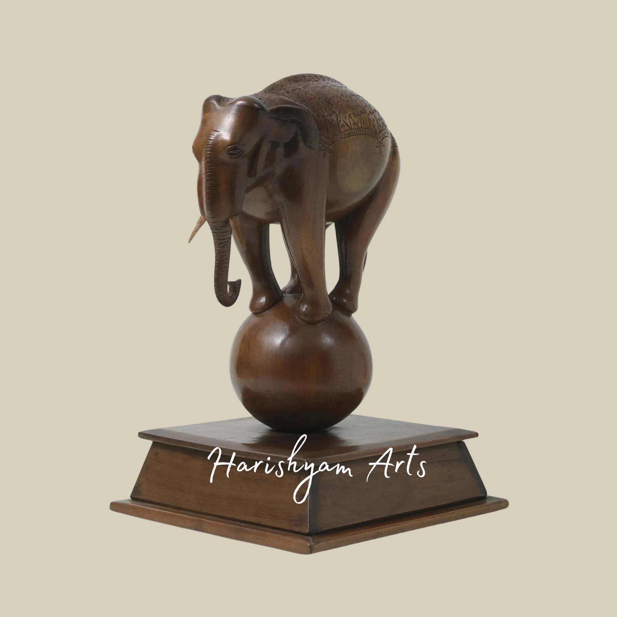 17" Balancing Elephant on Ball – Fine Walnut Wood Sculpture from Kashmiri Artisans
