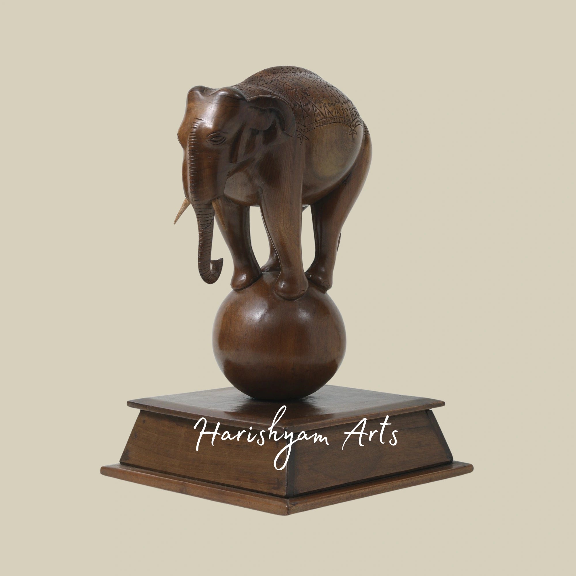 17" Balancing Elephant on Ball – Fine Walnut Wood Sculpture from Kashmiri Artisans