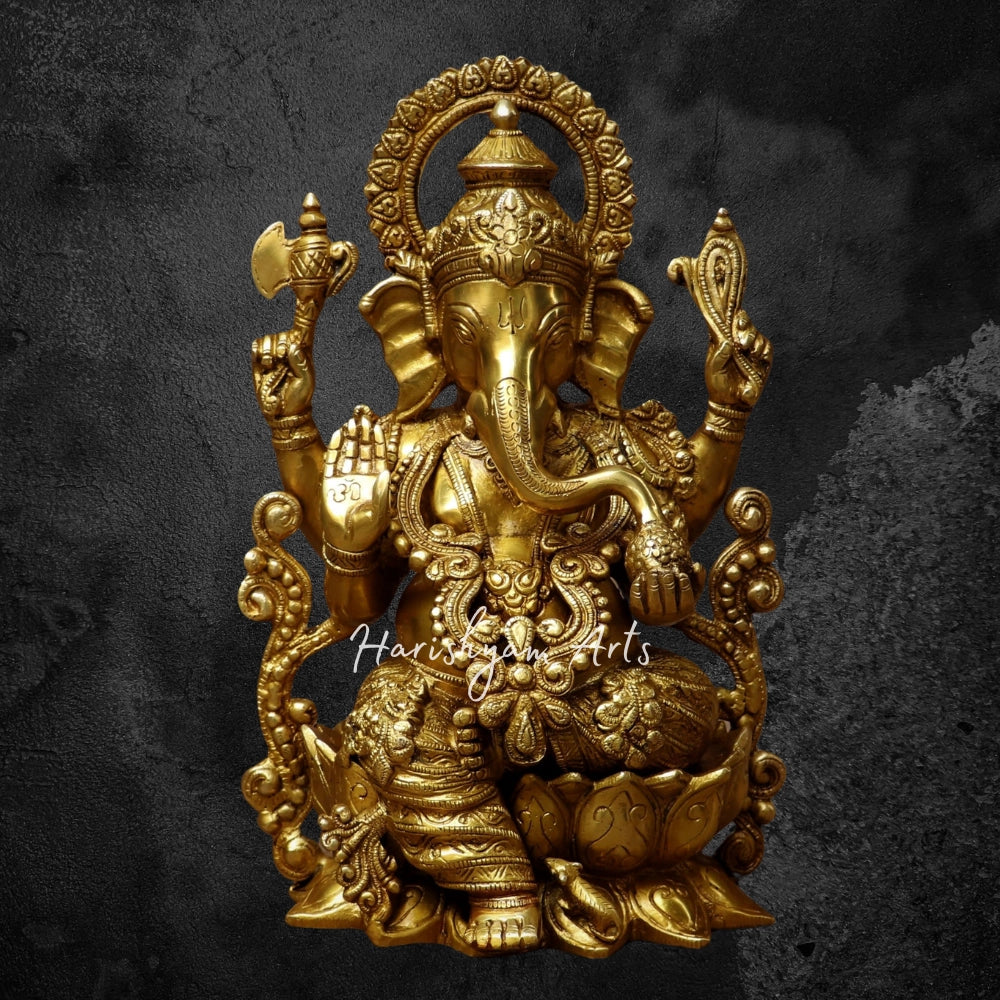 13" Brass Ganesh Statue Carved On Lotus Base